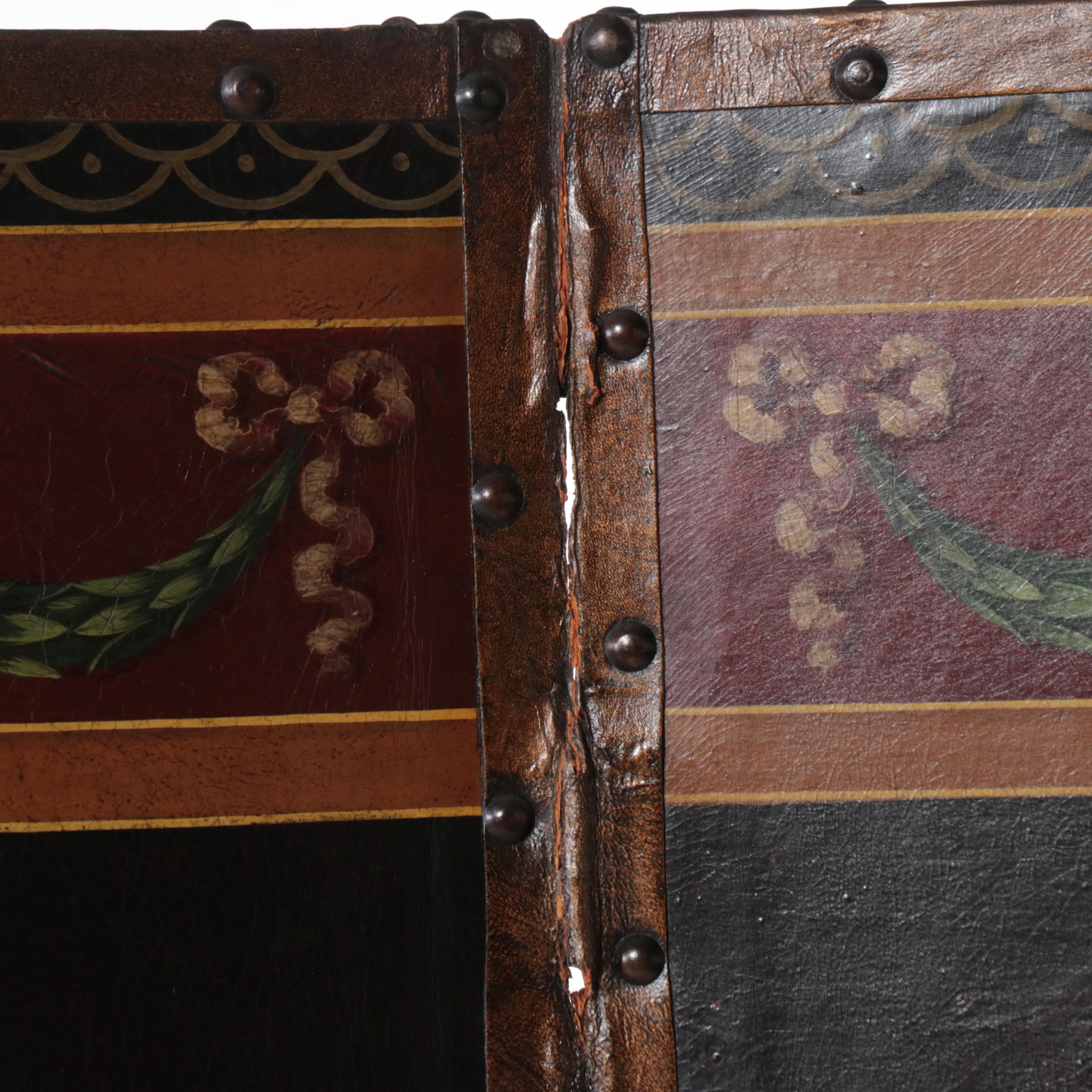 Neoclassical Style Painted and Parcel-Gilt Leather Four-Fold Screen