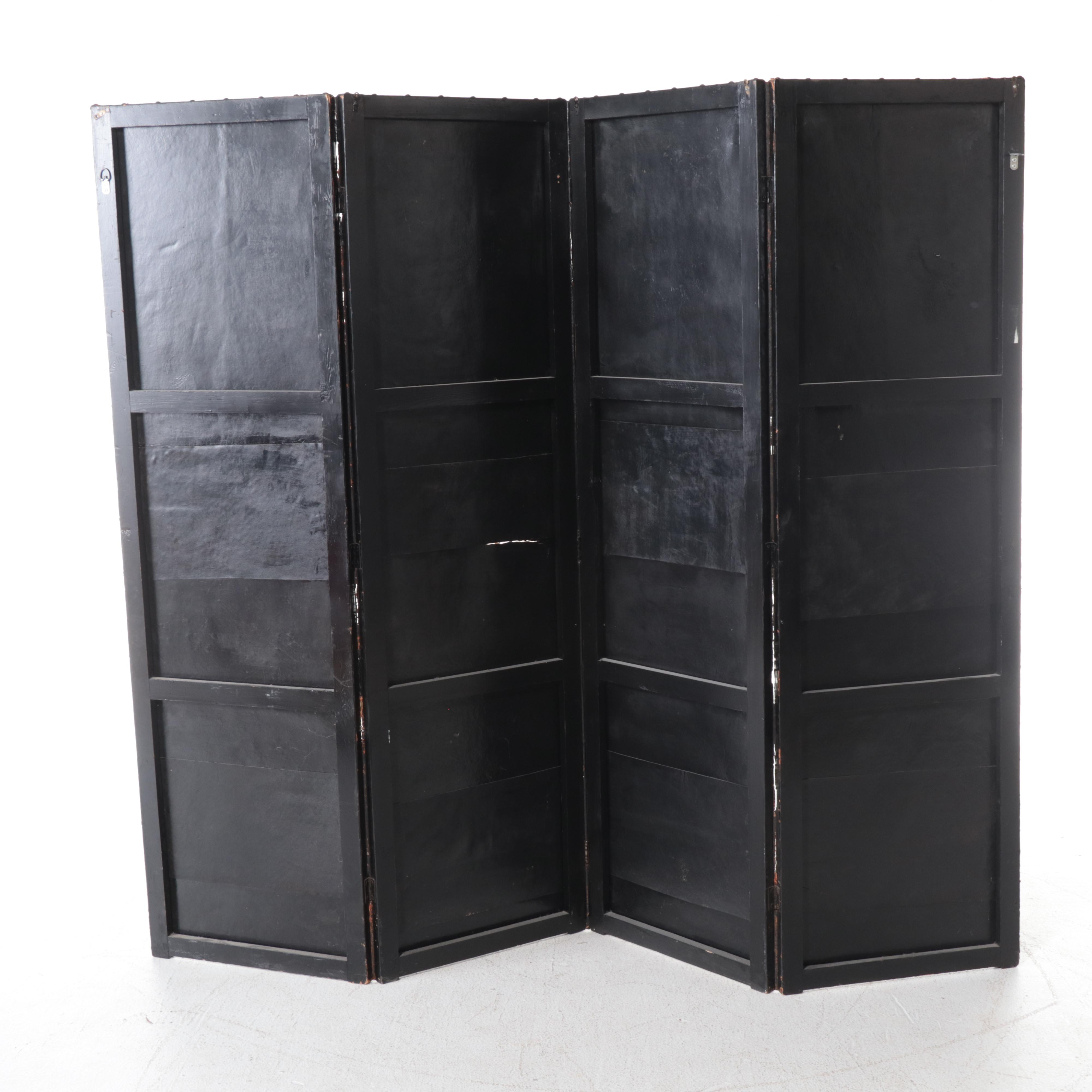 Neoclassical Style Painted and Parcel-Gilt Leather Four-Fold Screen