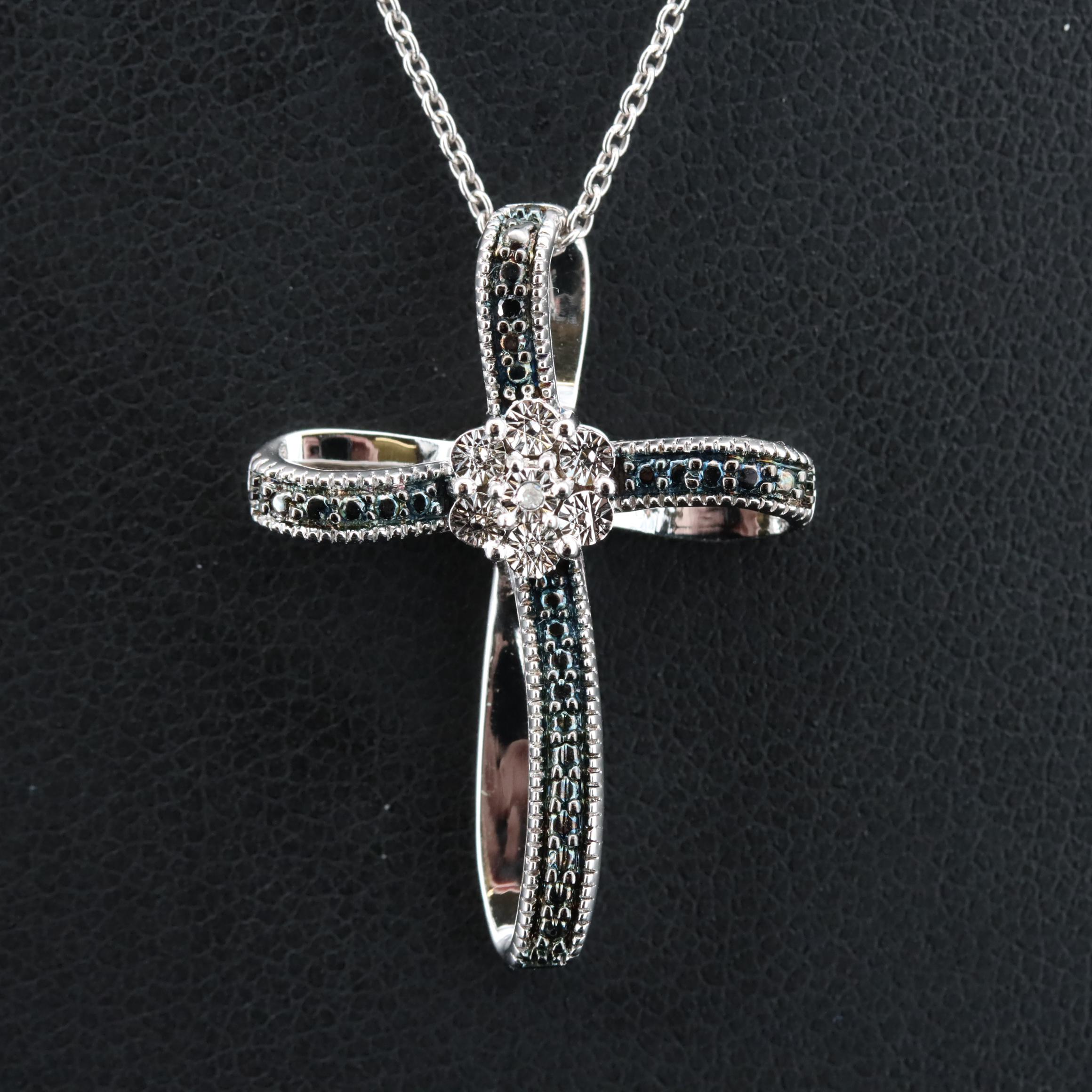 Sterling (Origin Undetermined) Diamond Ribbon Cross Pendant Necklace EBTH