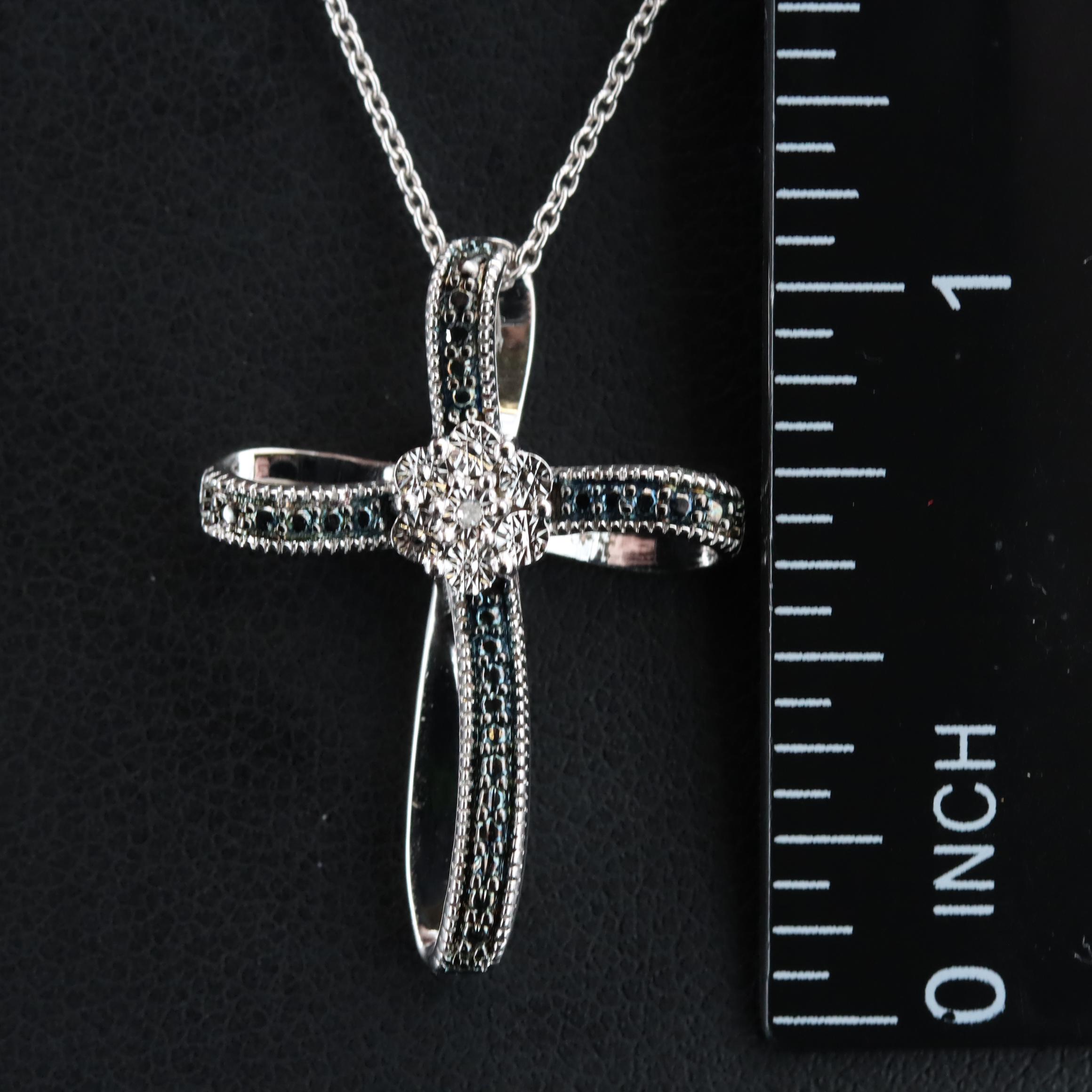 Sterling (Origin Undetermined) Diamond Ribbon Cross Pendant Necklace EBTH