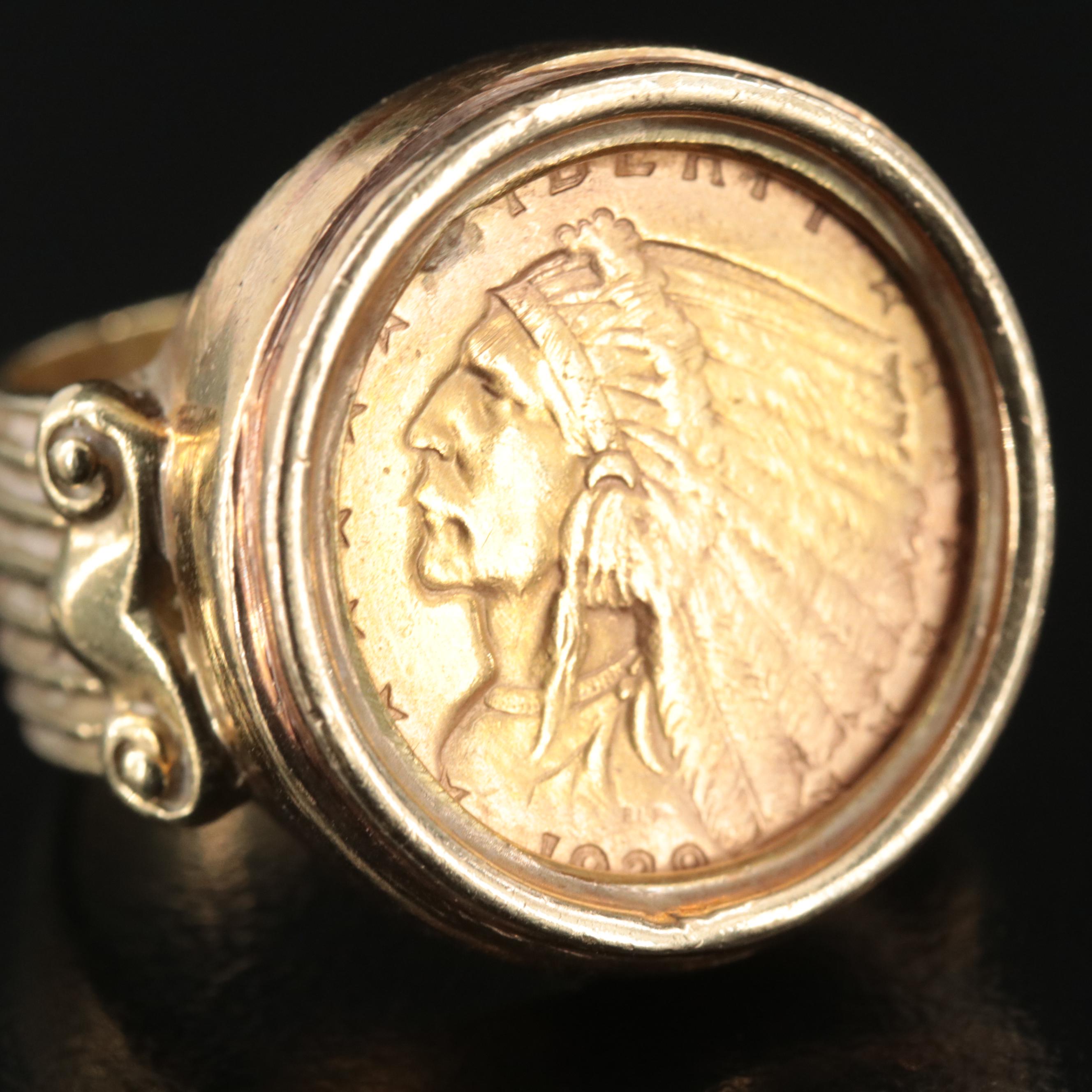 18K Ring with Coin 1929 $2.50 Indian Head Gold Quarter Eagle