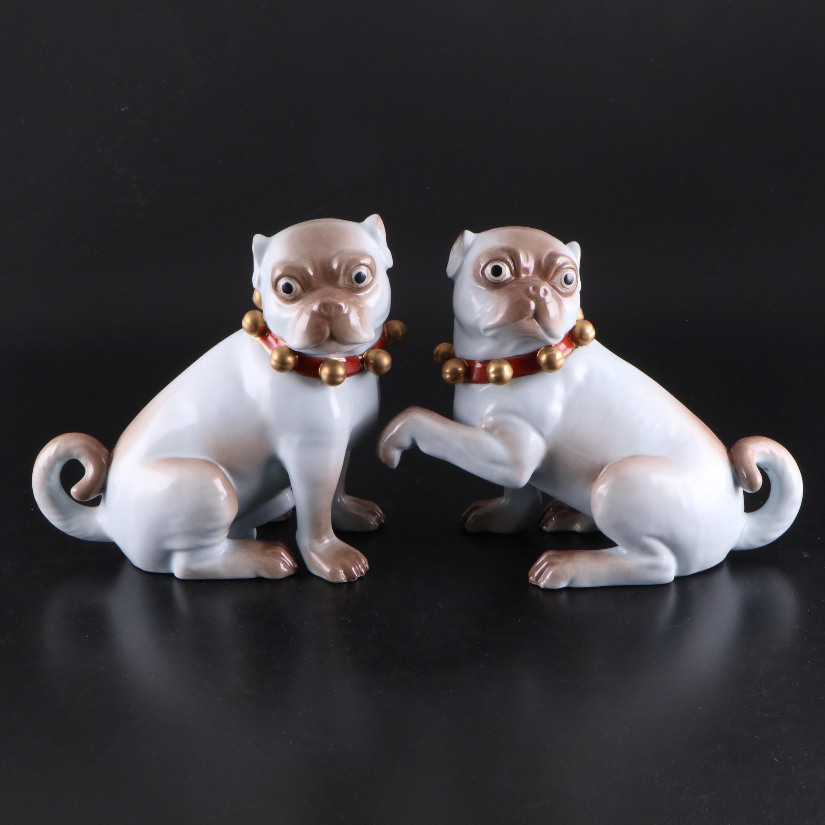 Pair of Dresden Style Porcelain Pug Figurines