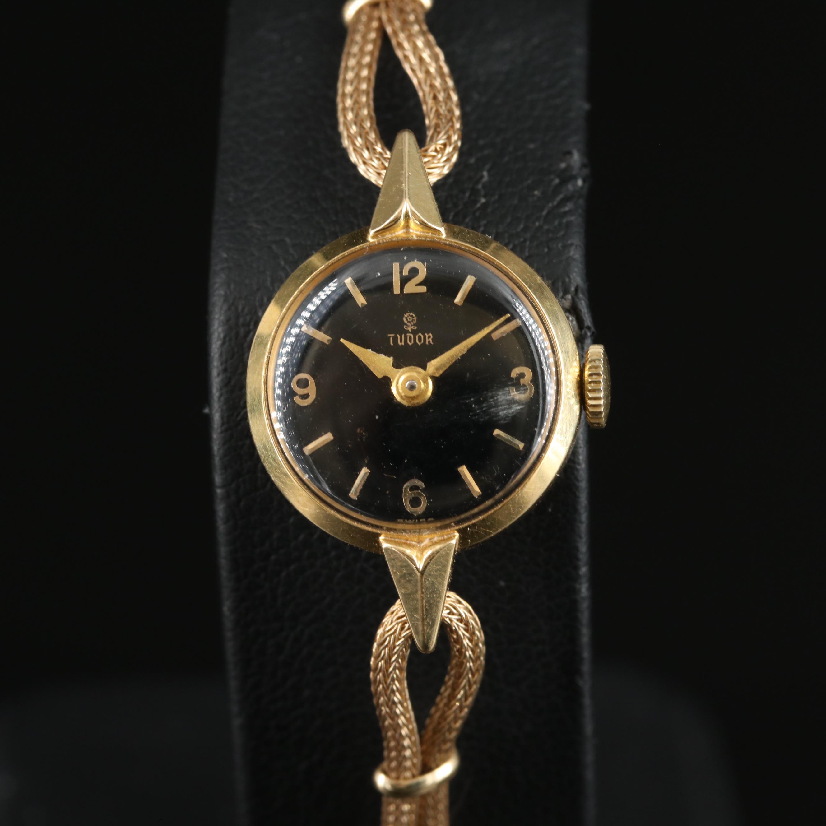 Vintage 18K Tudor Black Dial Stem Wind Watch