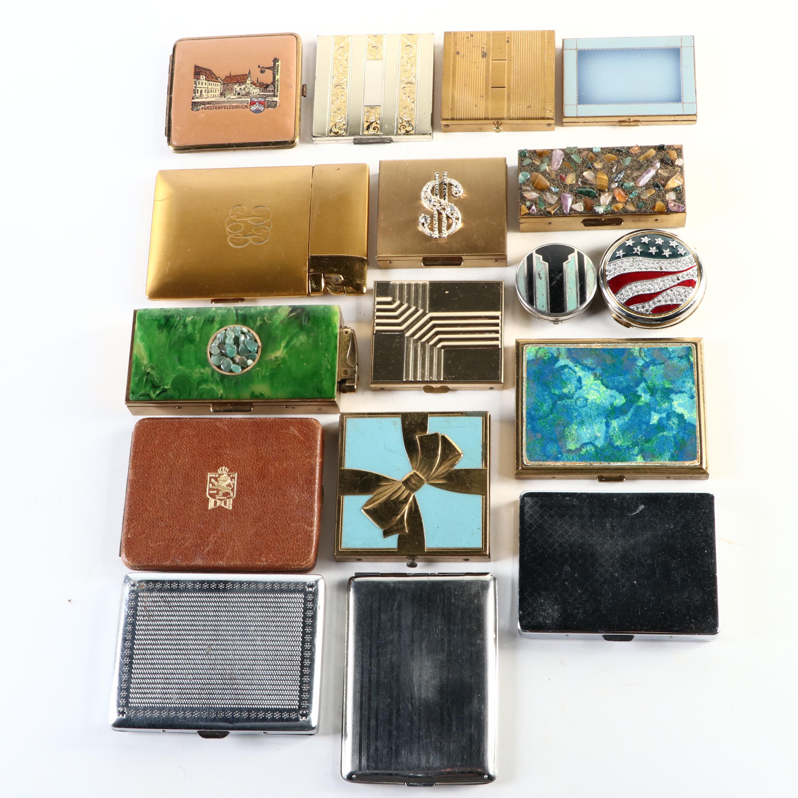 Gemstone, Enamel, Brass and Metal Makeup Compacts, Cigarette Cases