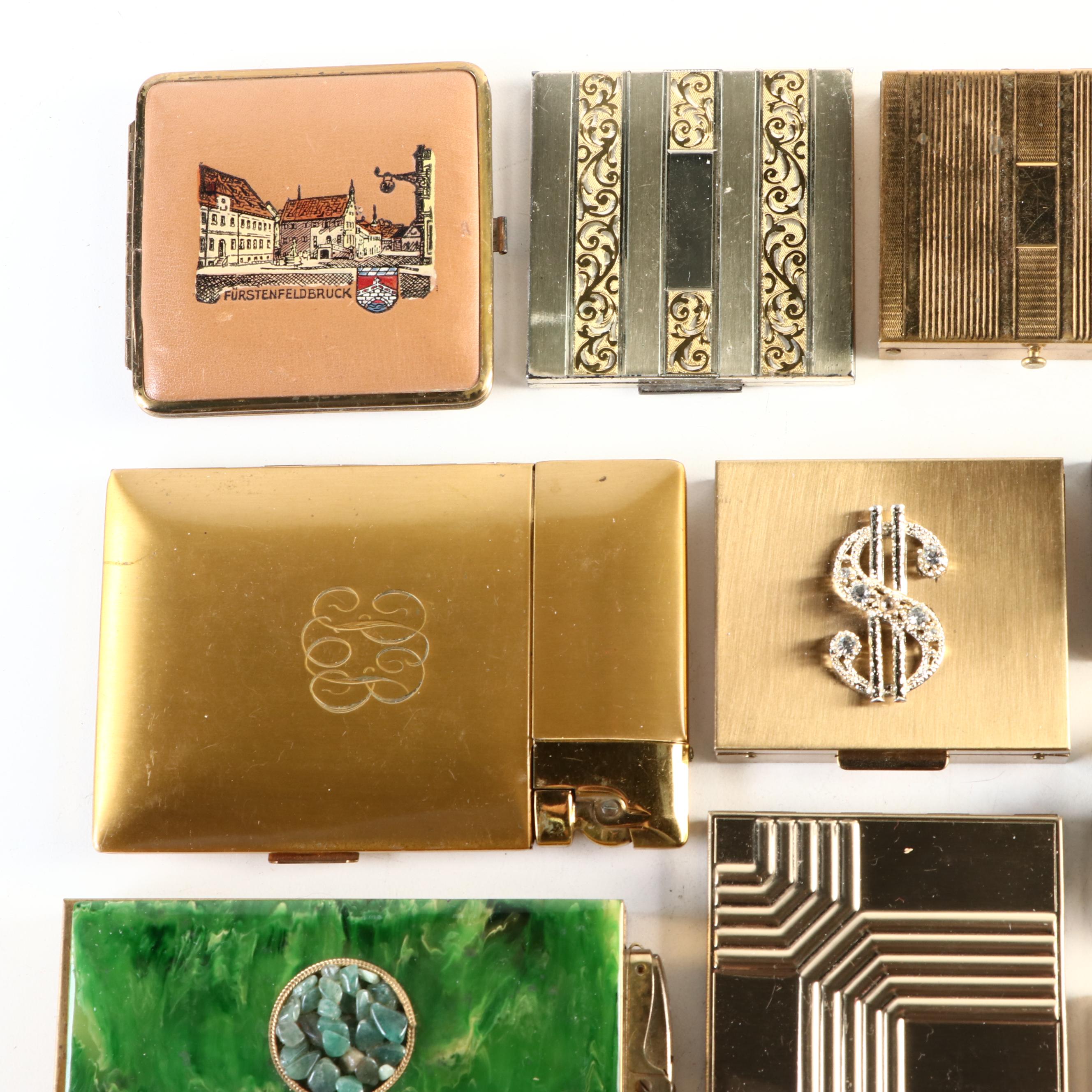 Gemstone, Enamel, Brass and Metal Makeup Compacts, Cigarette Cases