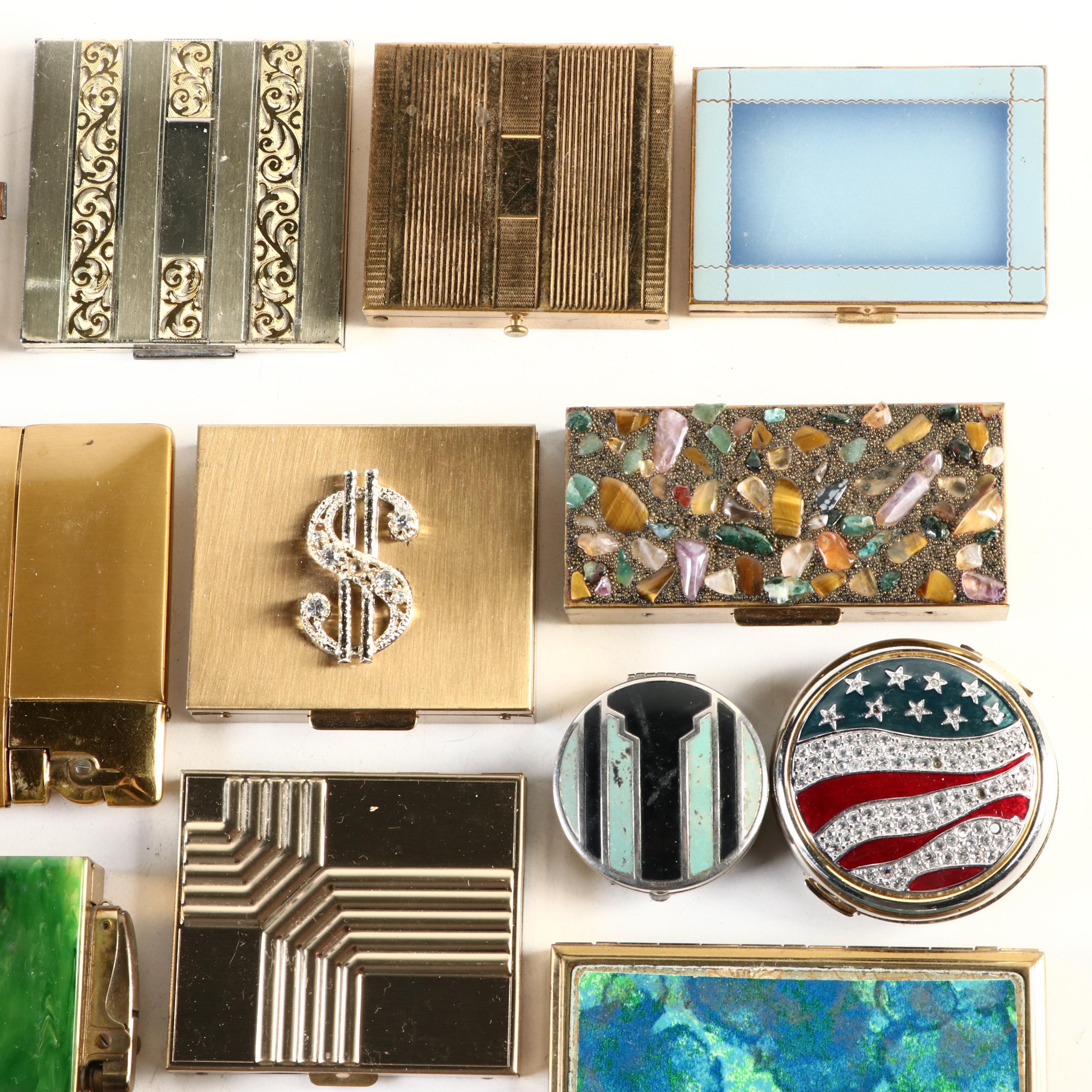 Gemstone, Enamel, Brass and Metal Makeup Compacts, Cigarette Cases