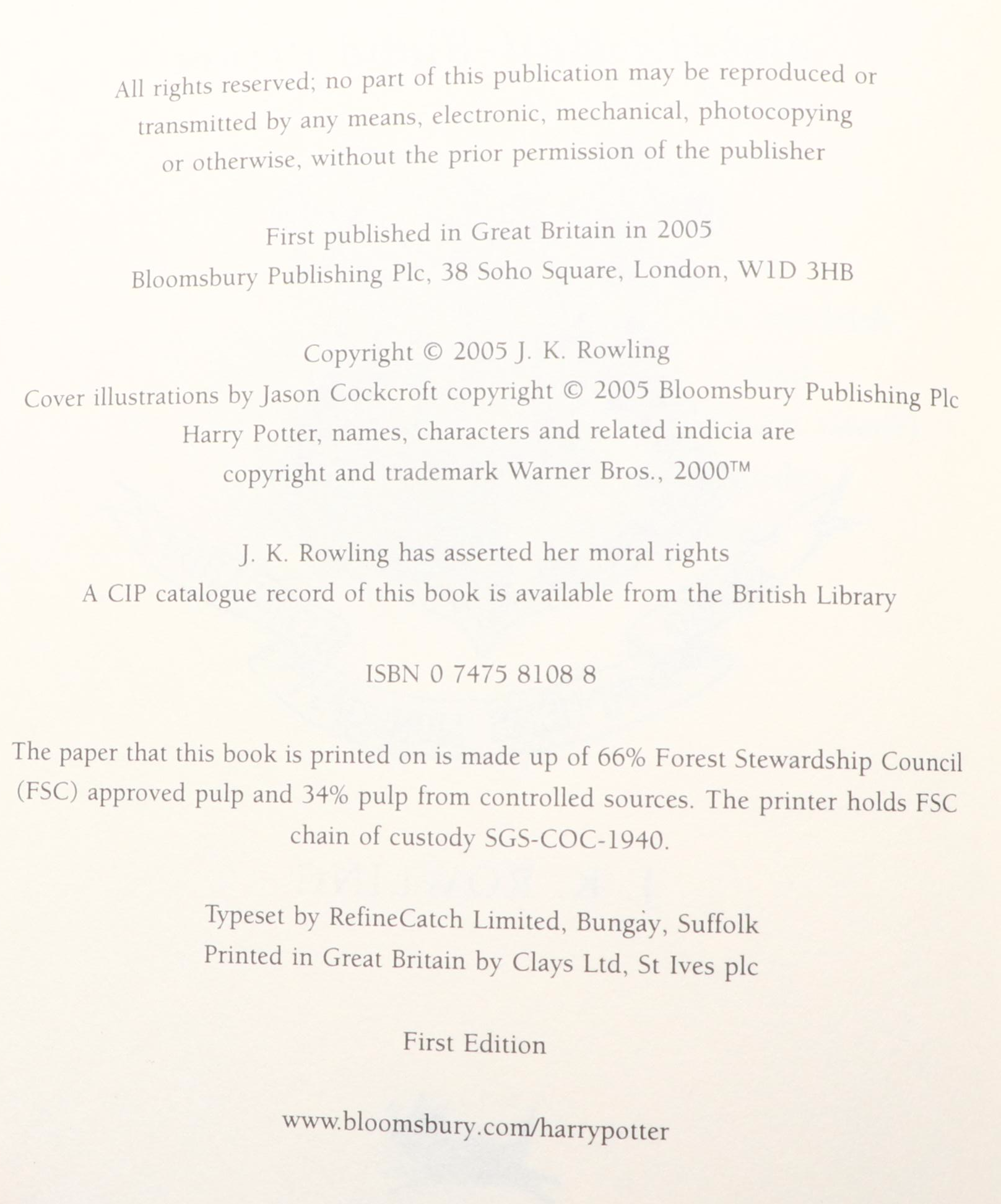 First UK Edition "Harry Potter and the Half-Blood Prince" by J. K. Rowling, 2005