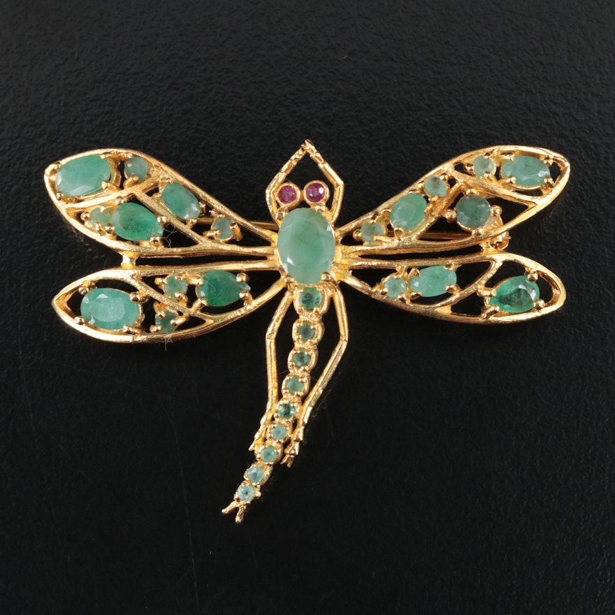 Sterling Emerald Dragonfly Converter Brooch