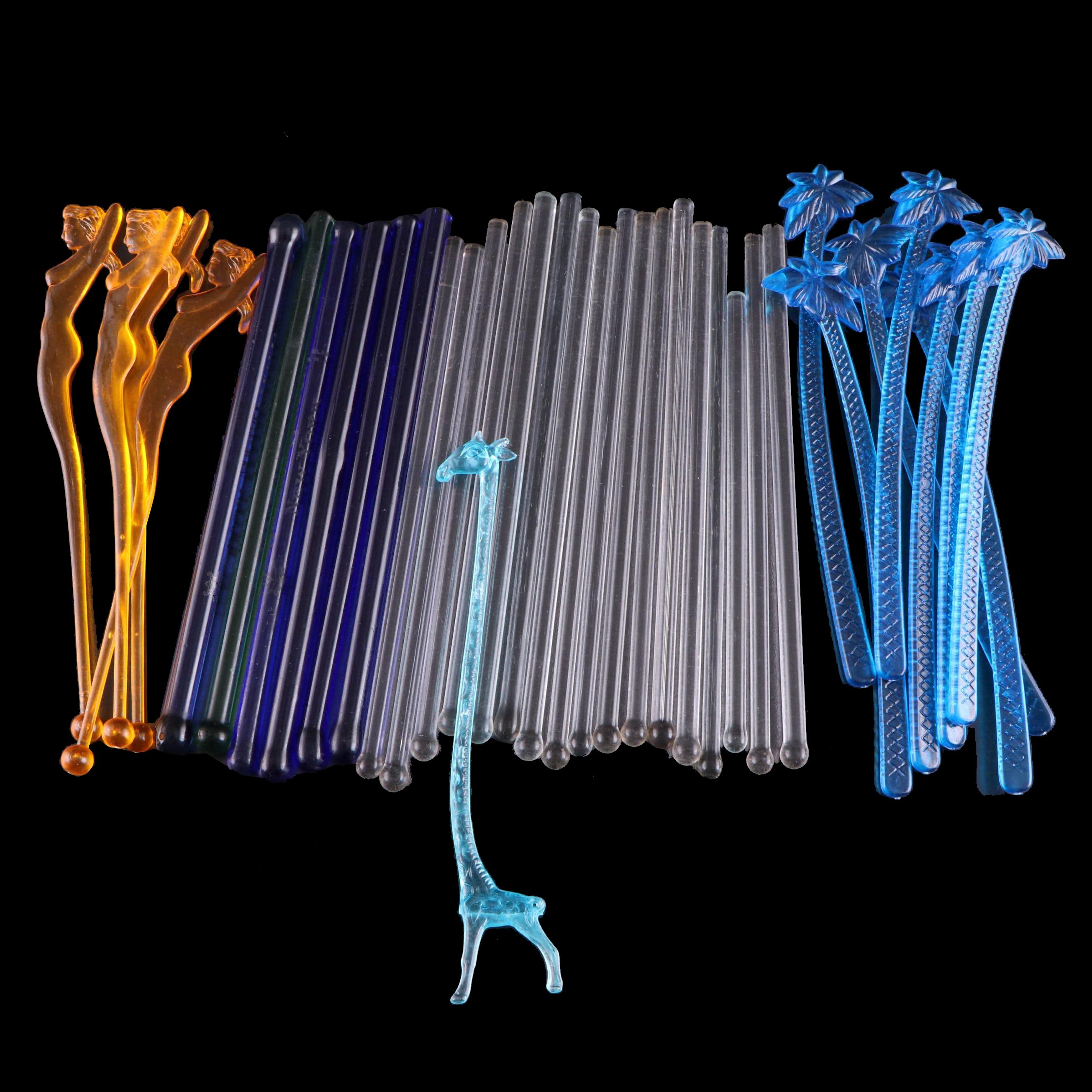 Palm Tree, Lady, Giraffe, and Other Plastic and Glass Cocktail Swizzle Sticks
