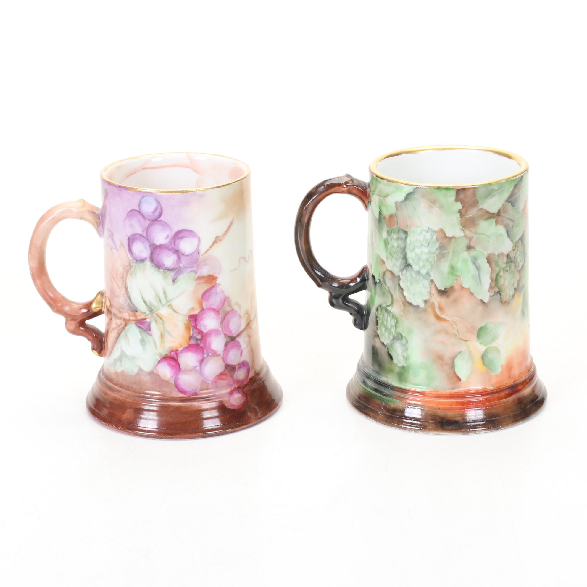 Jean Pouyat Limoges Tankards Featuring Grape and Hops Motifs, 1900