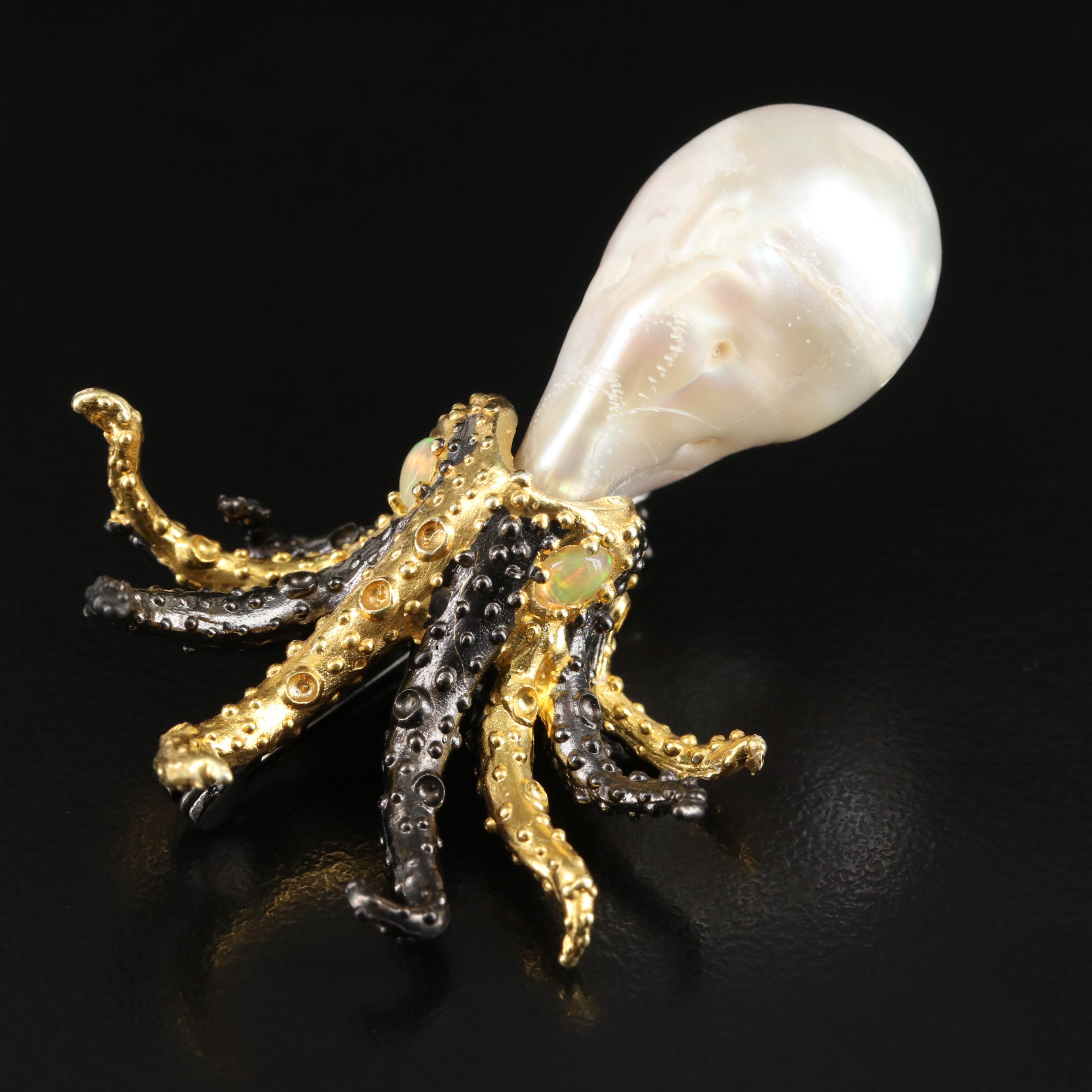 Sterling Pearl and Opal Octopus Brooch
