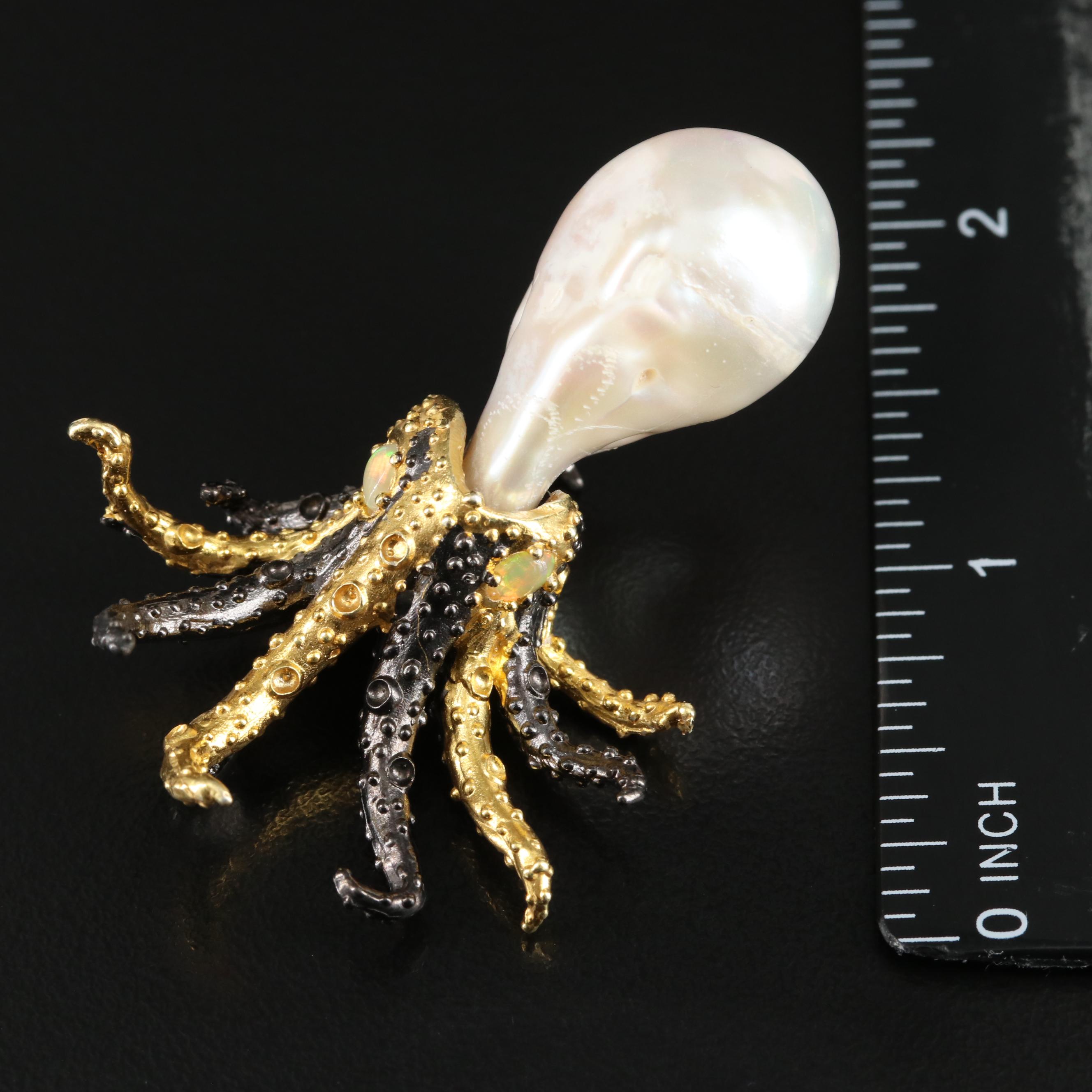 Sterling Pearl and Opal Octopus Brooch