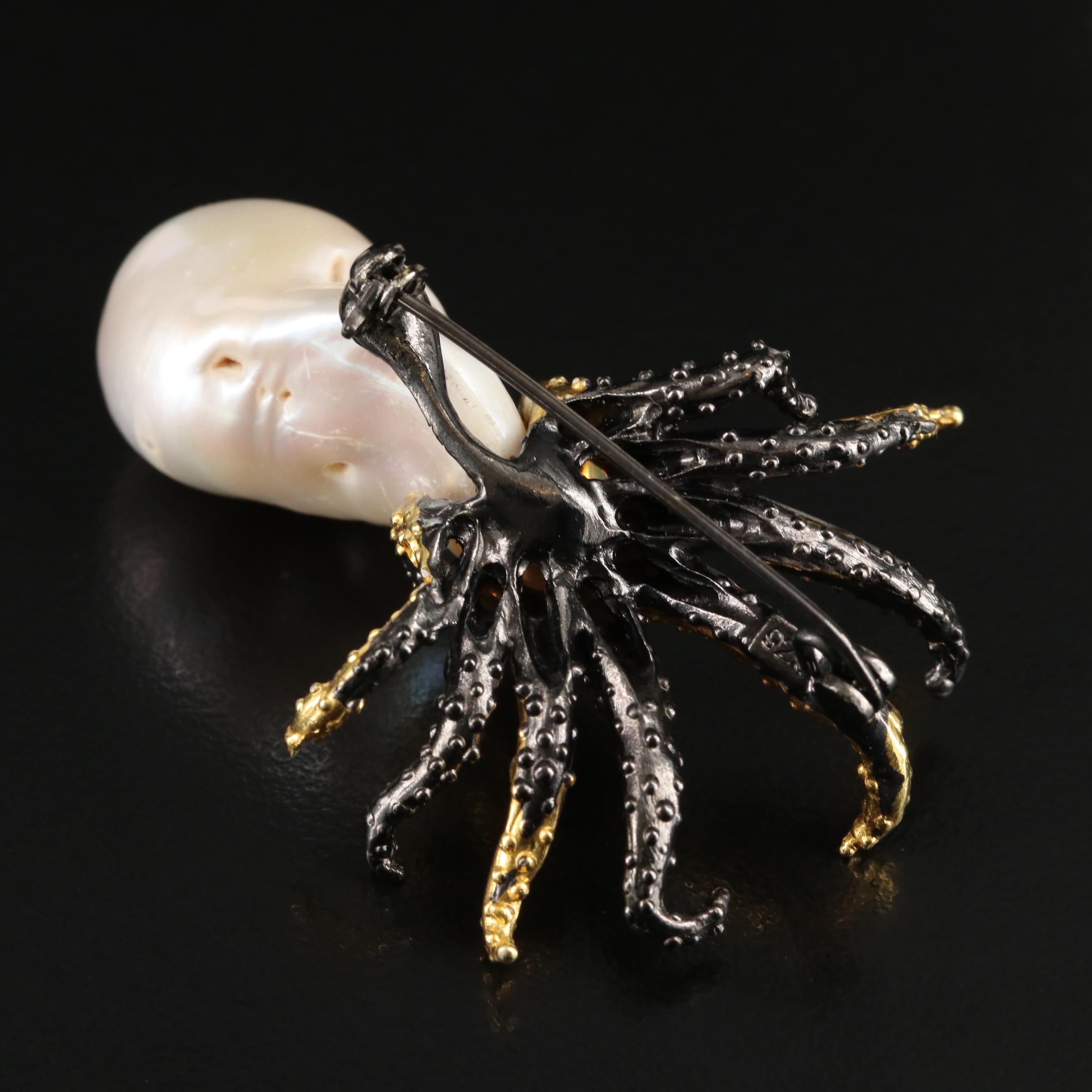 Sterling Pearl and Opal Octopus Brooch