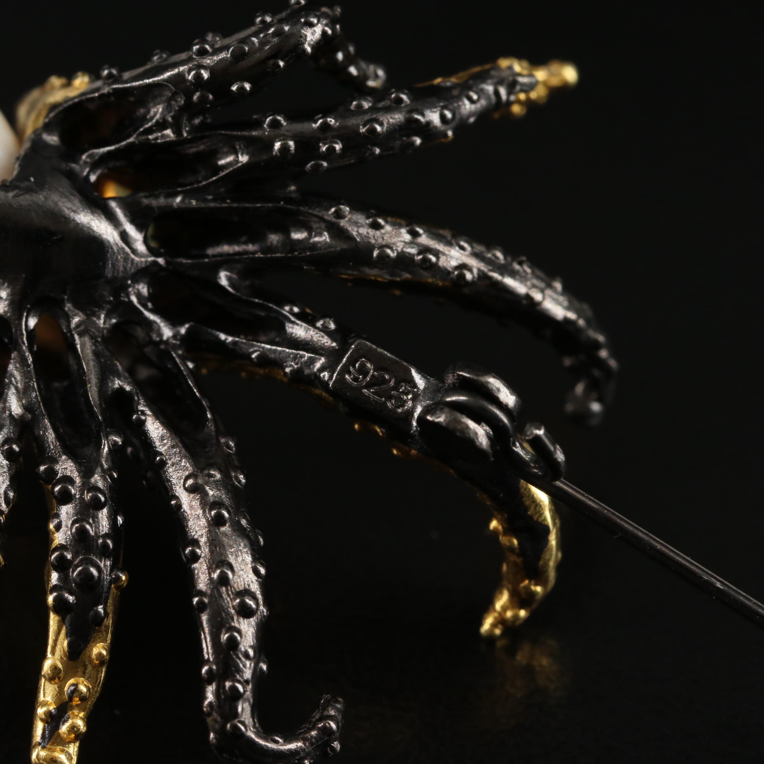 Sterling Pearl and Opal Octopus Brooch