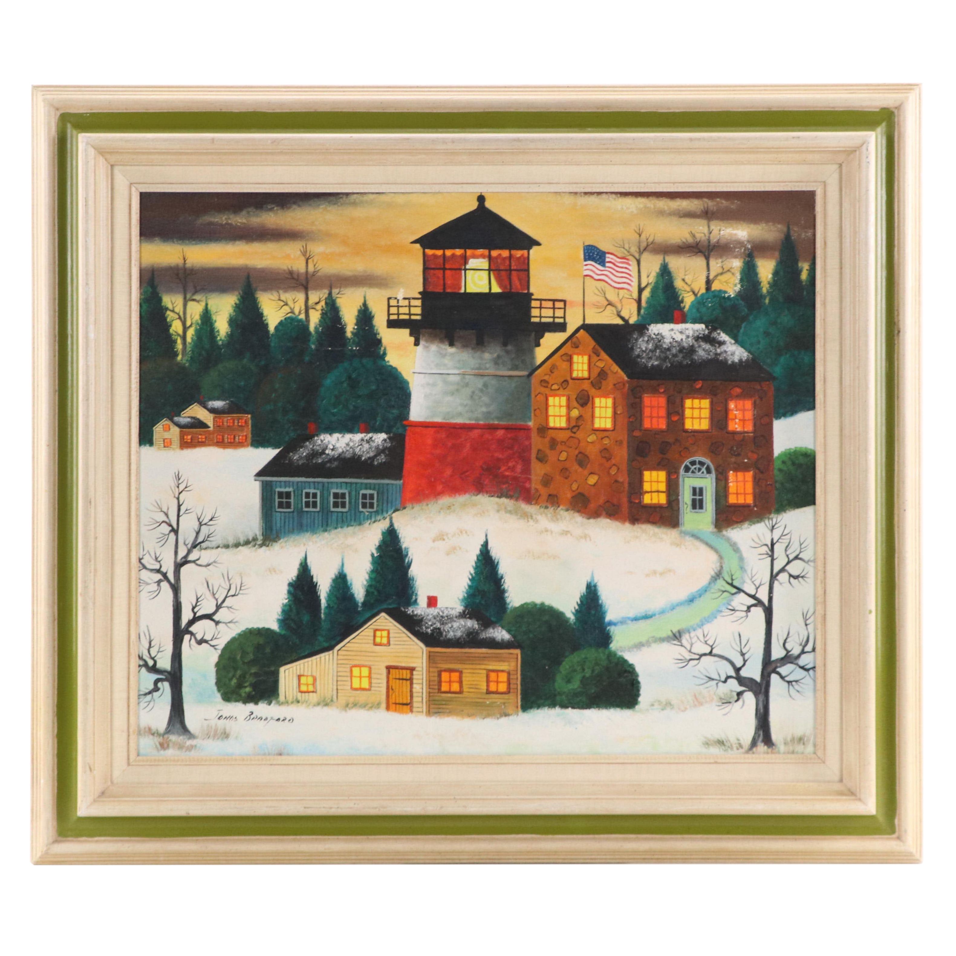 Jonas Bradford American Folk Art Oil Painting of Lighthouse