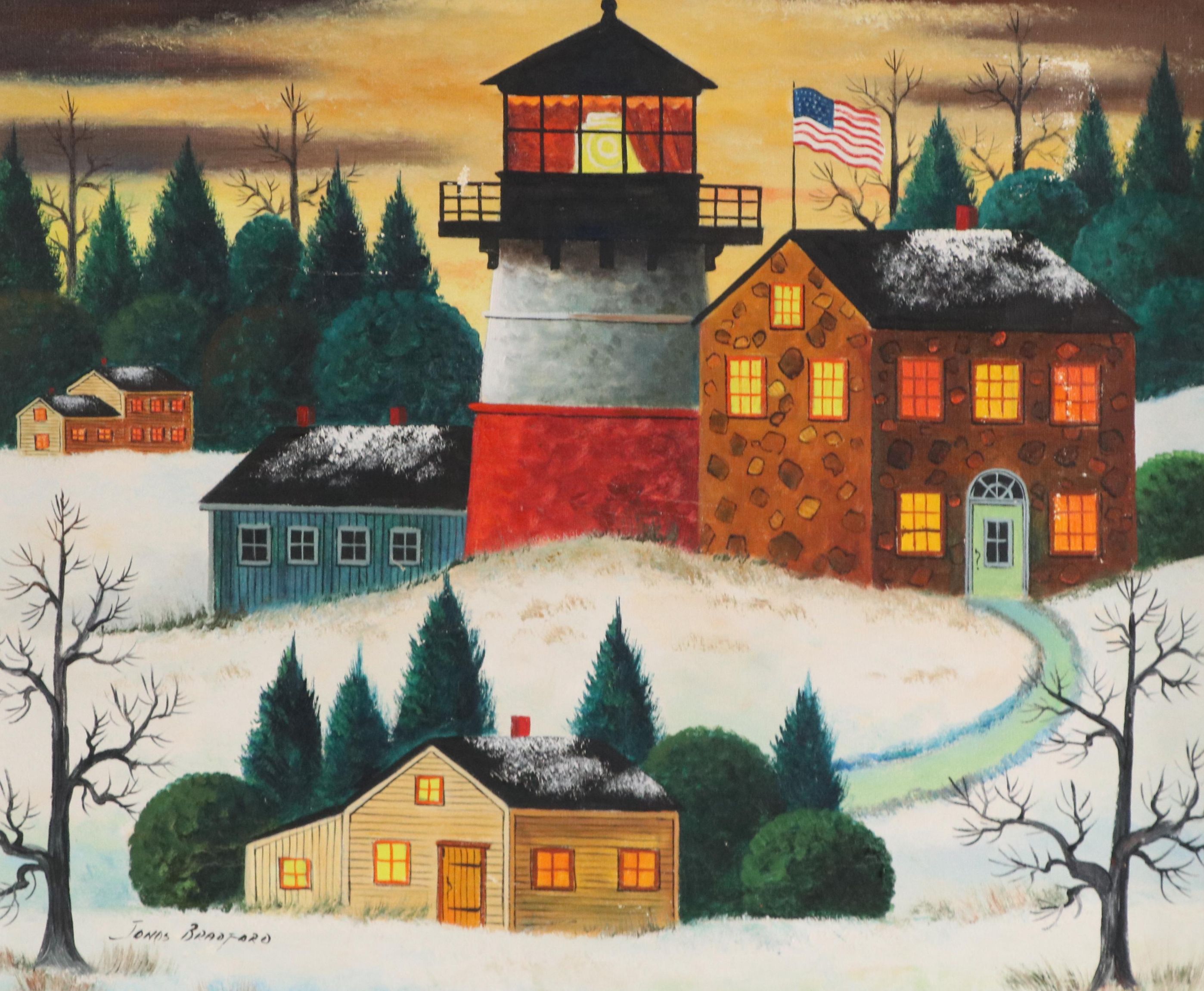 Jonas Bradford American Folk Art Oil Painting of Lighthouse