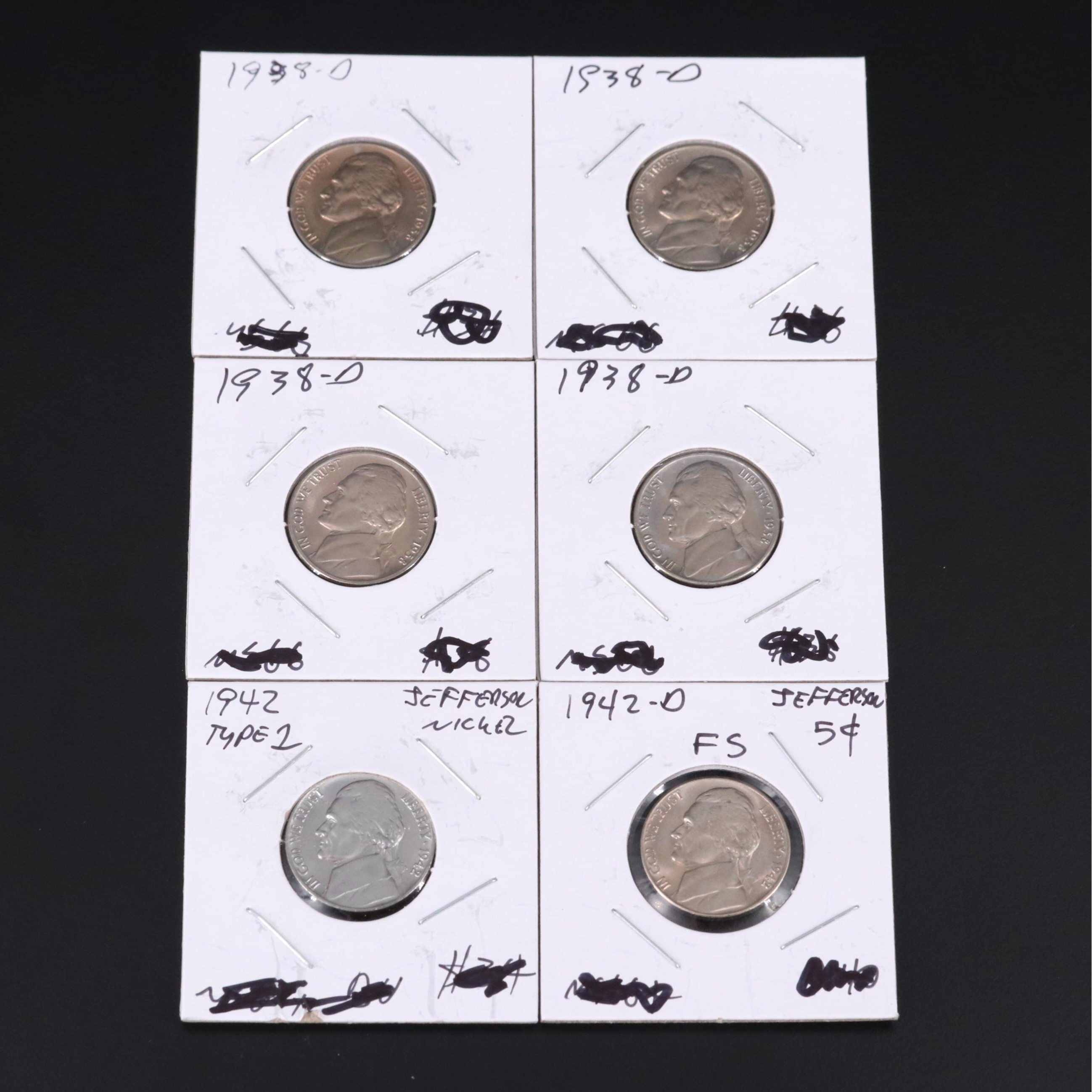 Six Early Uncirculated Jefferson Nickels