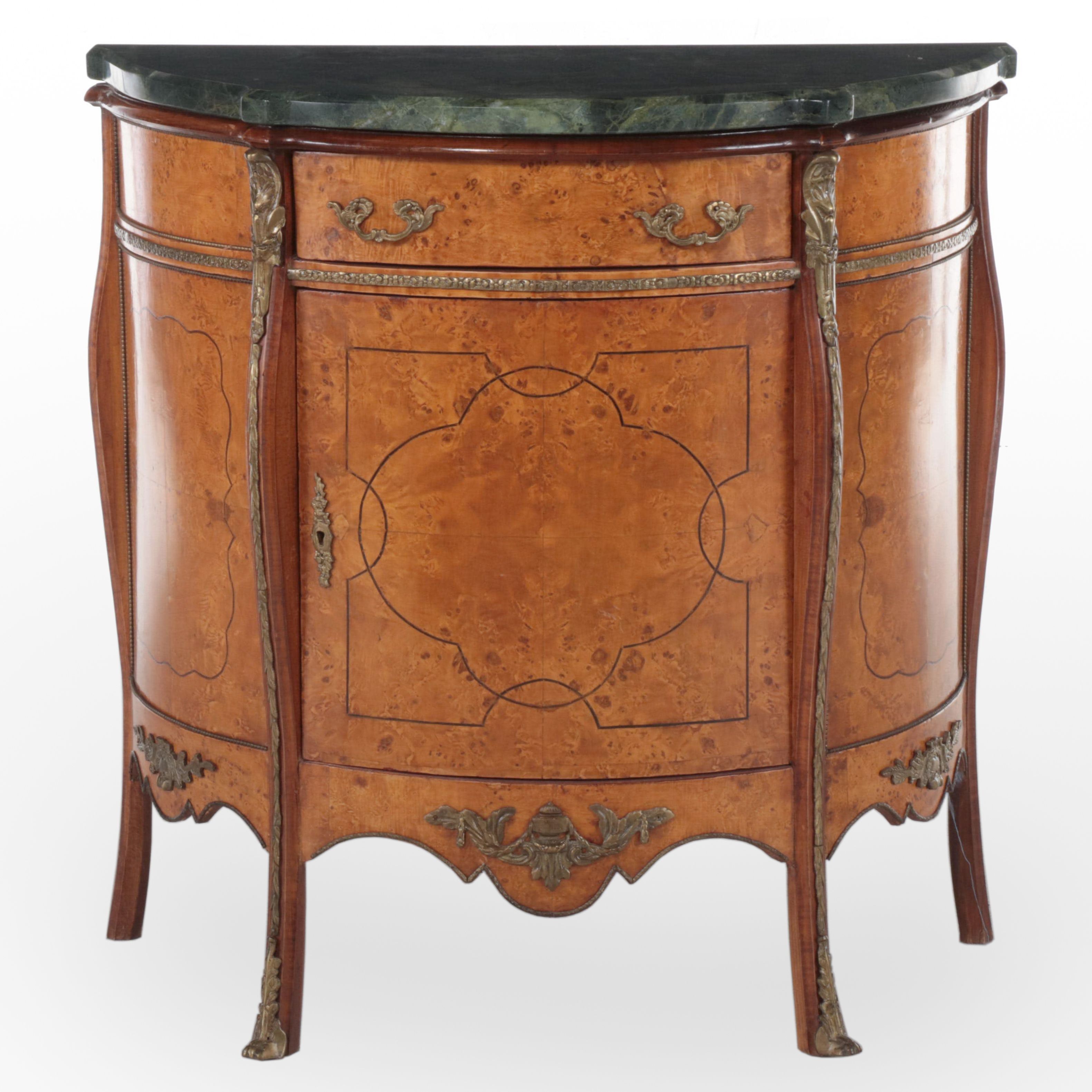 Louis XV Style Brass-Mounted Burlwood and Marble Top Bowfront Side Cabinet