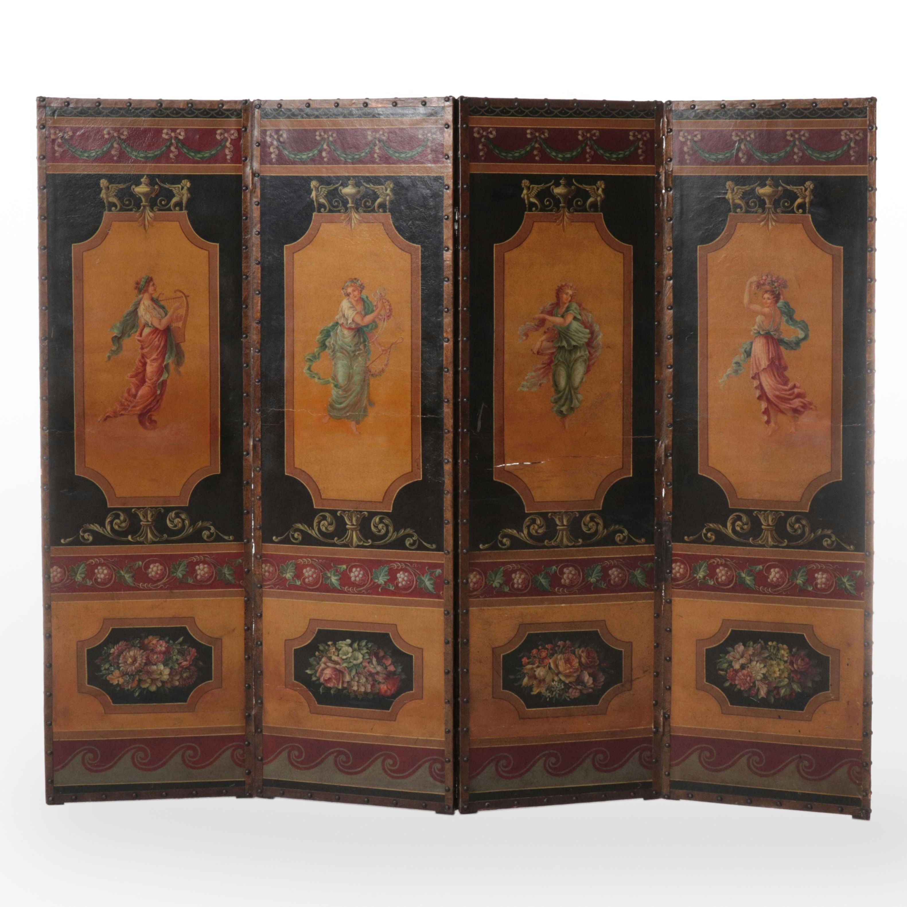 Neoclassical Style Painted and Parcel-Gilt Leather Four-Fold Screen