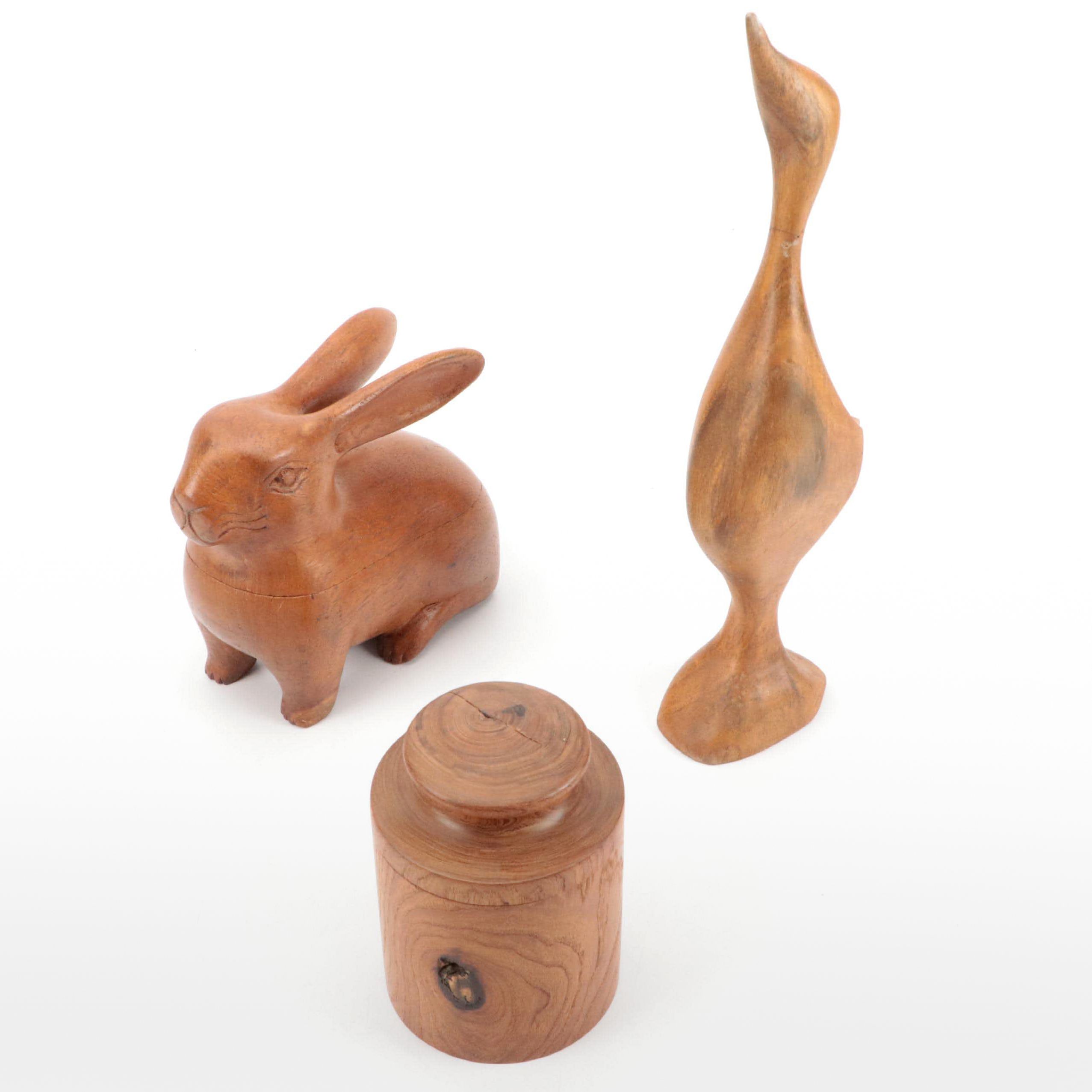 Hand-Carved Jacaranda Wood Bird Figurine with Carved and Turned Wooden Boxes