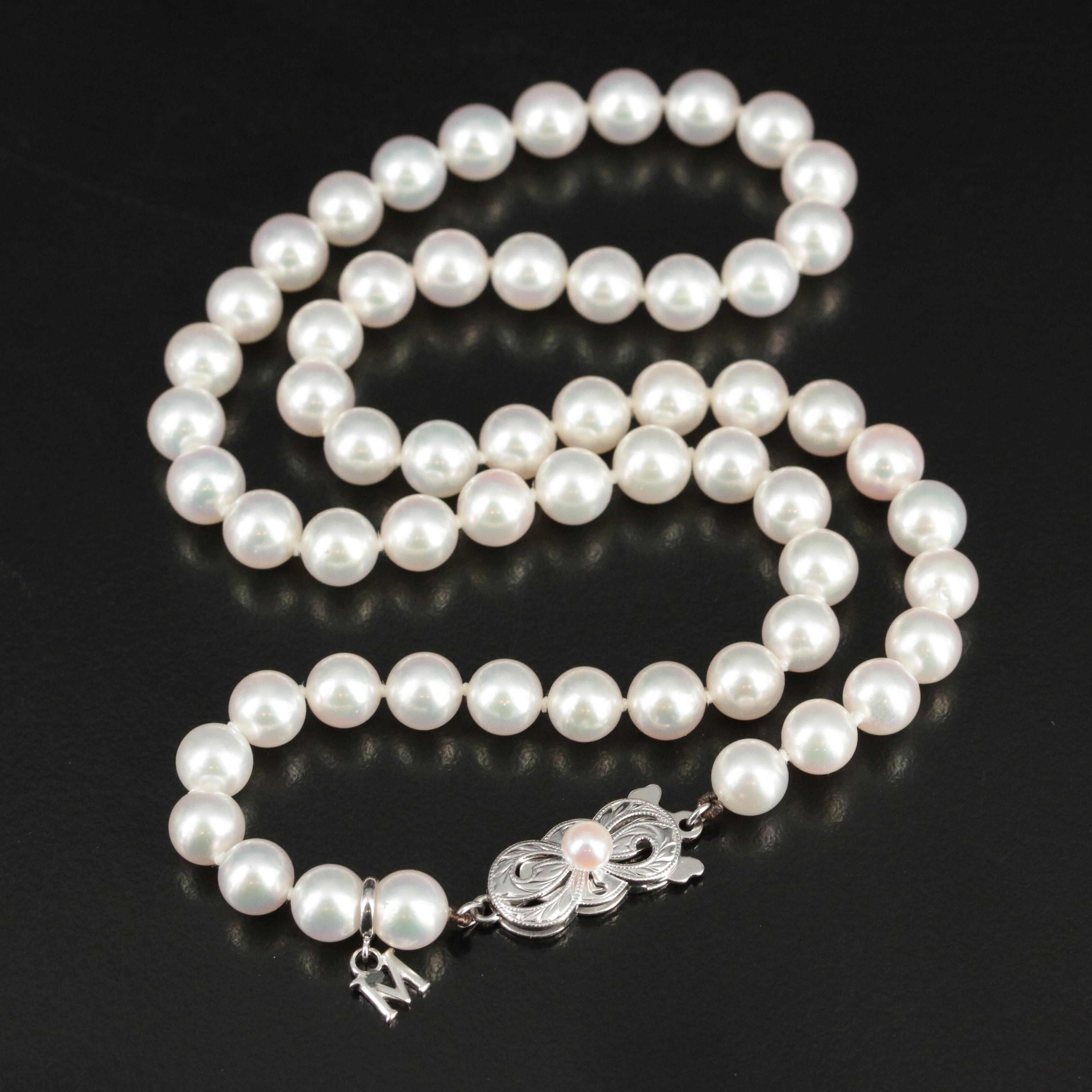 Mikimoto Pearl Necklace with 18K Gold Clasp and Tag