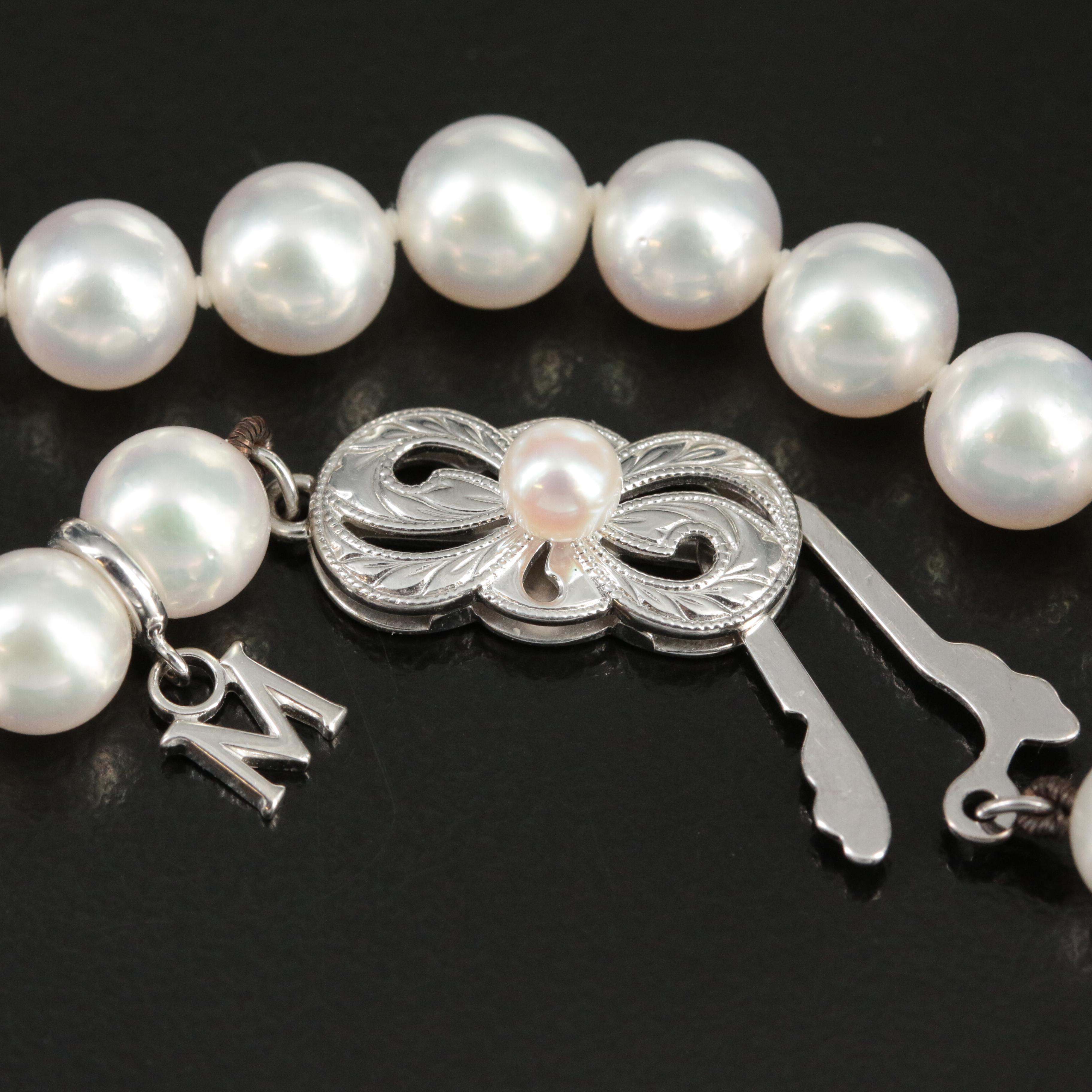 Mikimoto Pearl Necklace with 18K Gold Clasp and Tag