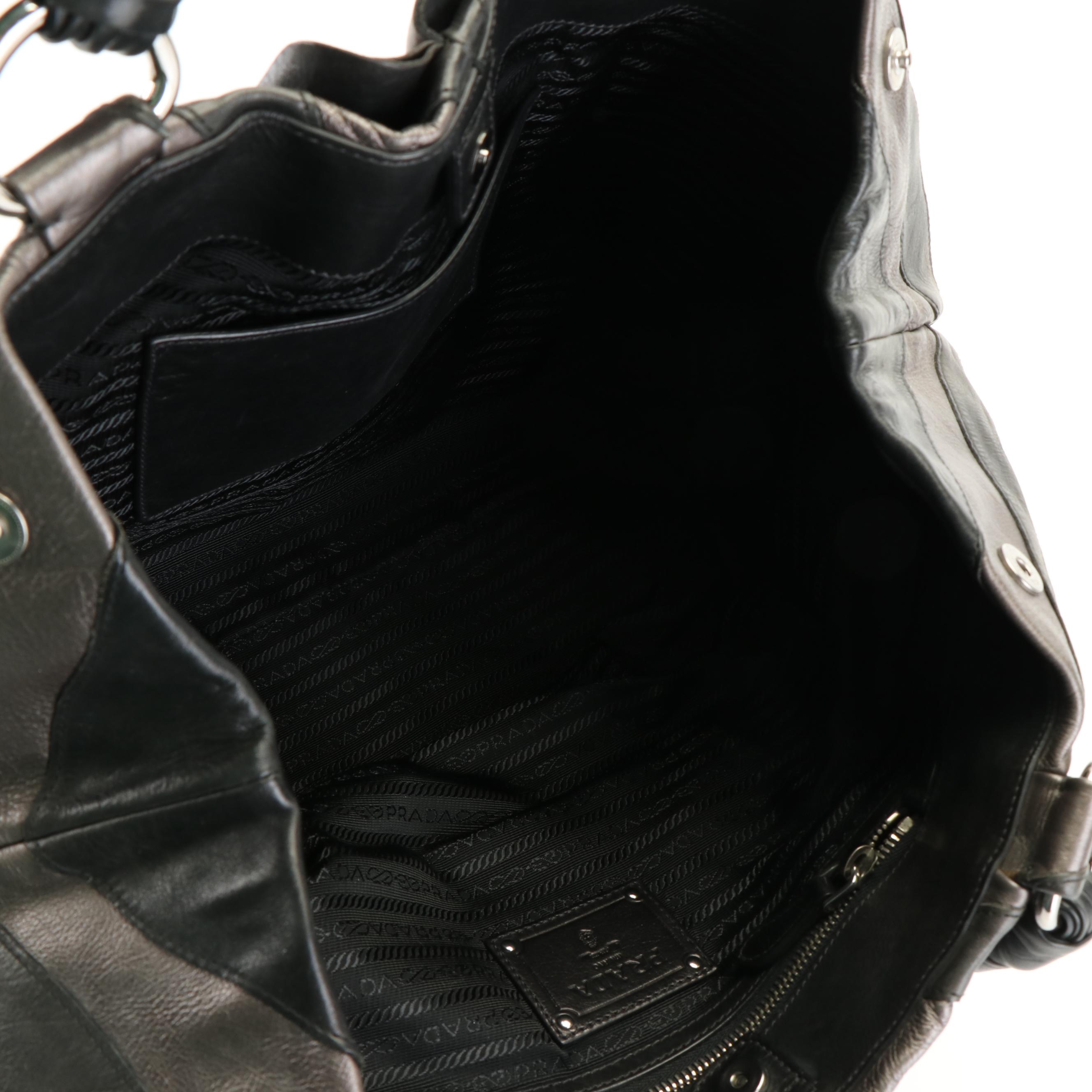 Prada Black Nappa Waves and Brown Leather Hobo Bag