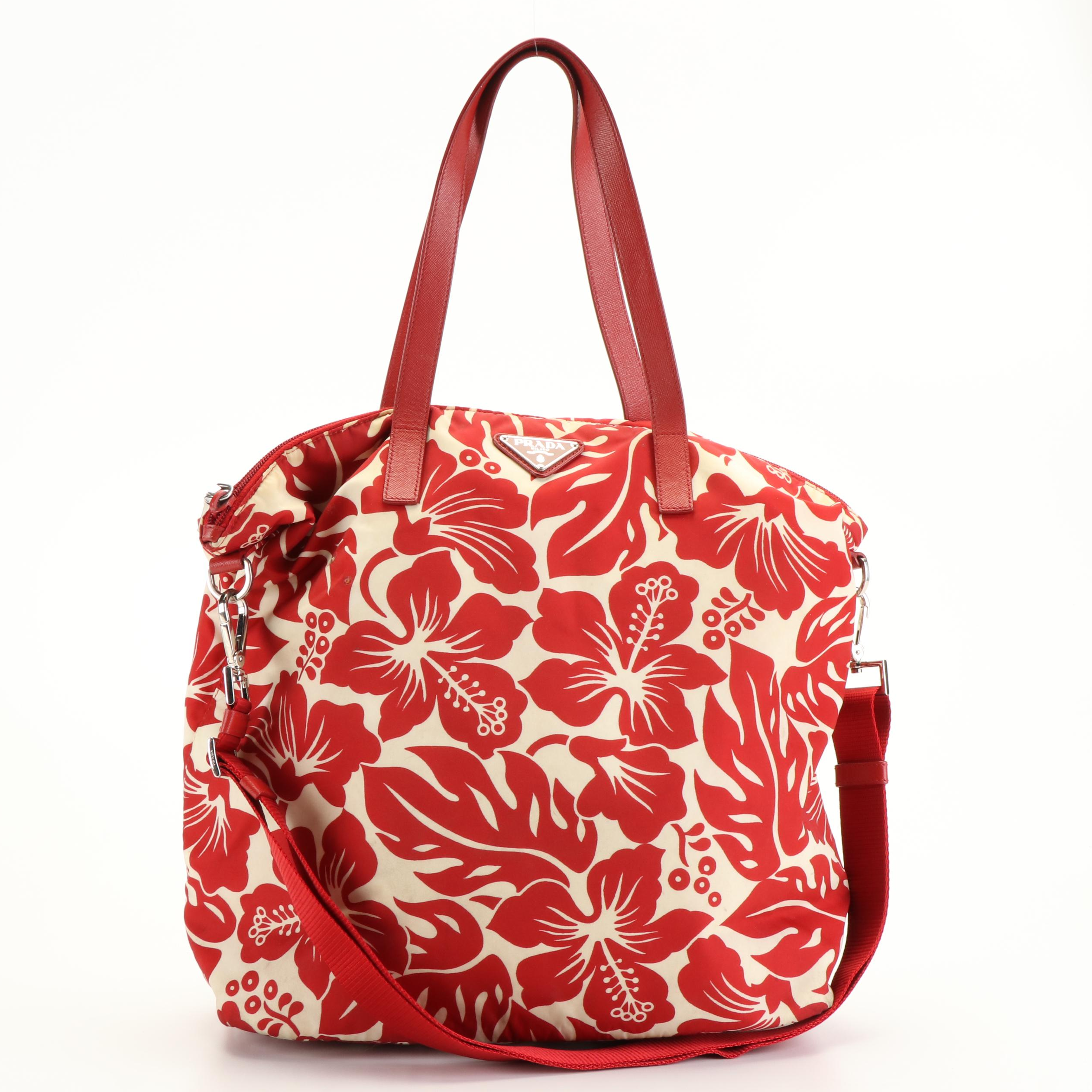 Prada Saffiano-Trimmed Canapa Floral Tote bag