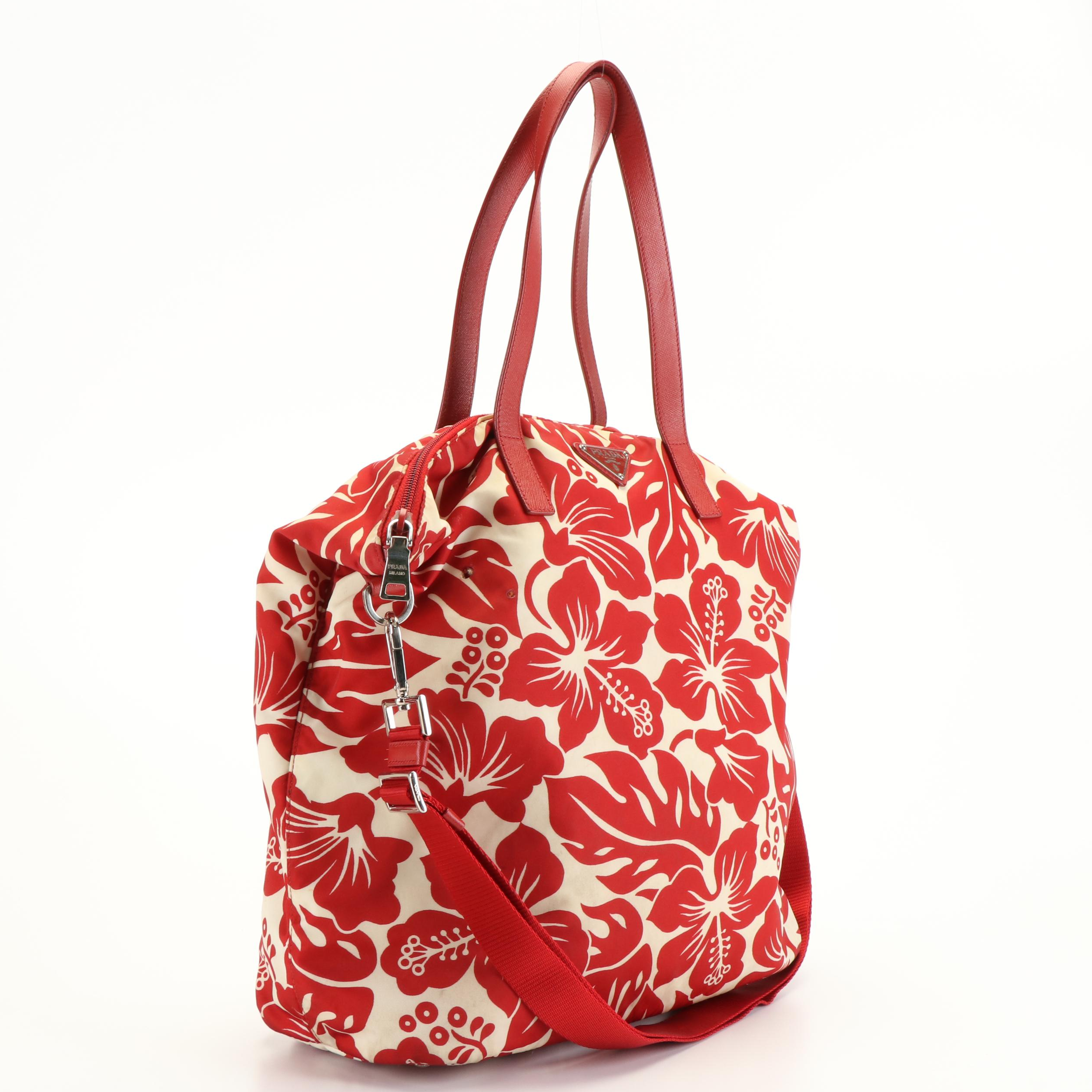 Prada Saffiano-Trimmed Canapa Floral Tote bag