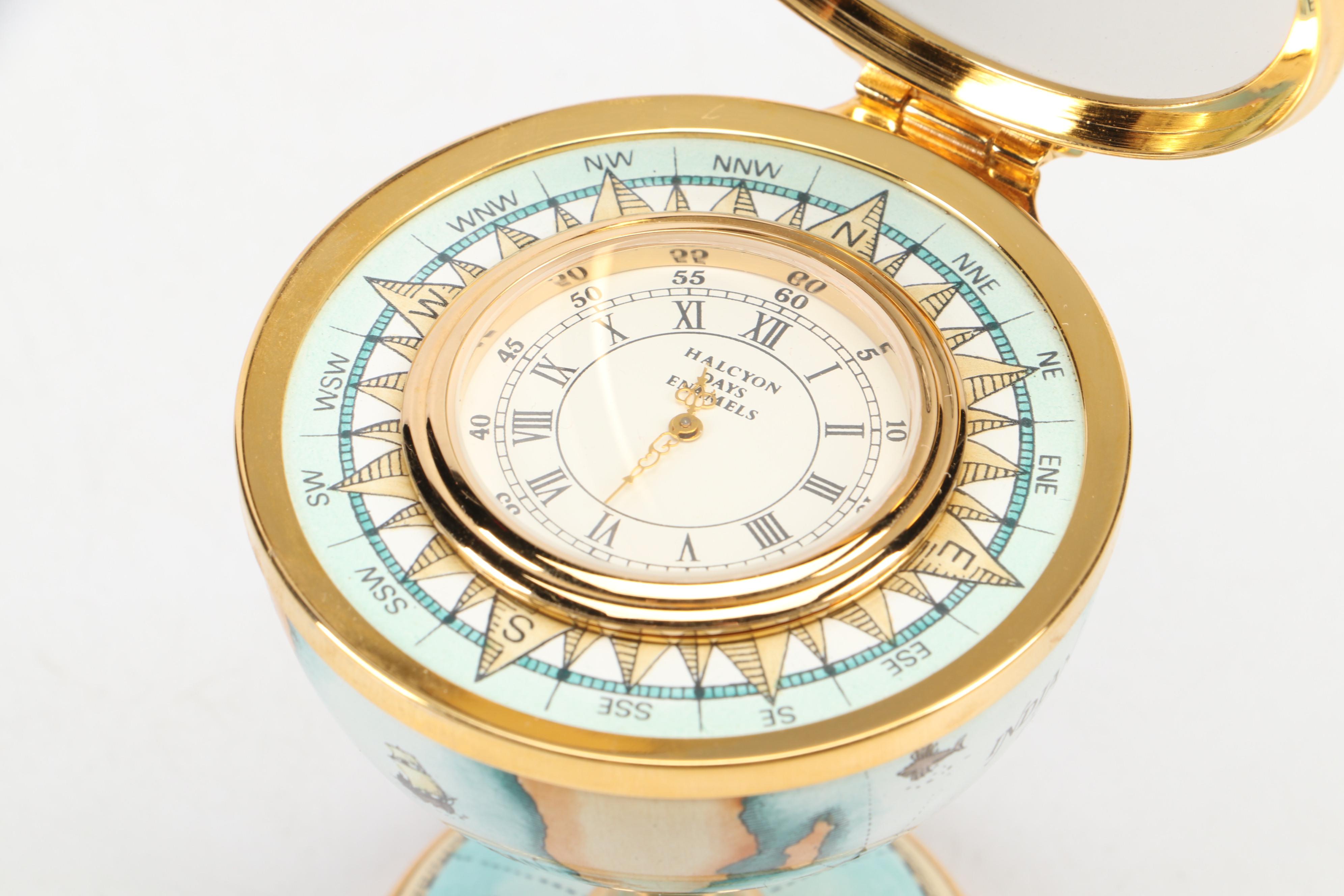 Halcyon Days Enameled World Globe Miniature Desk Clock