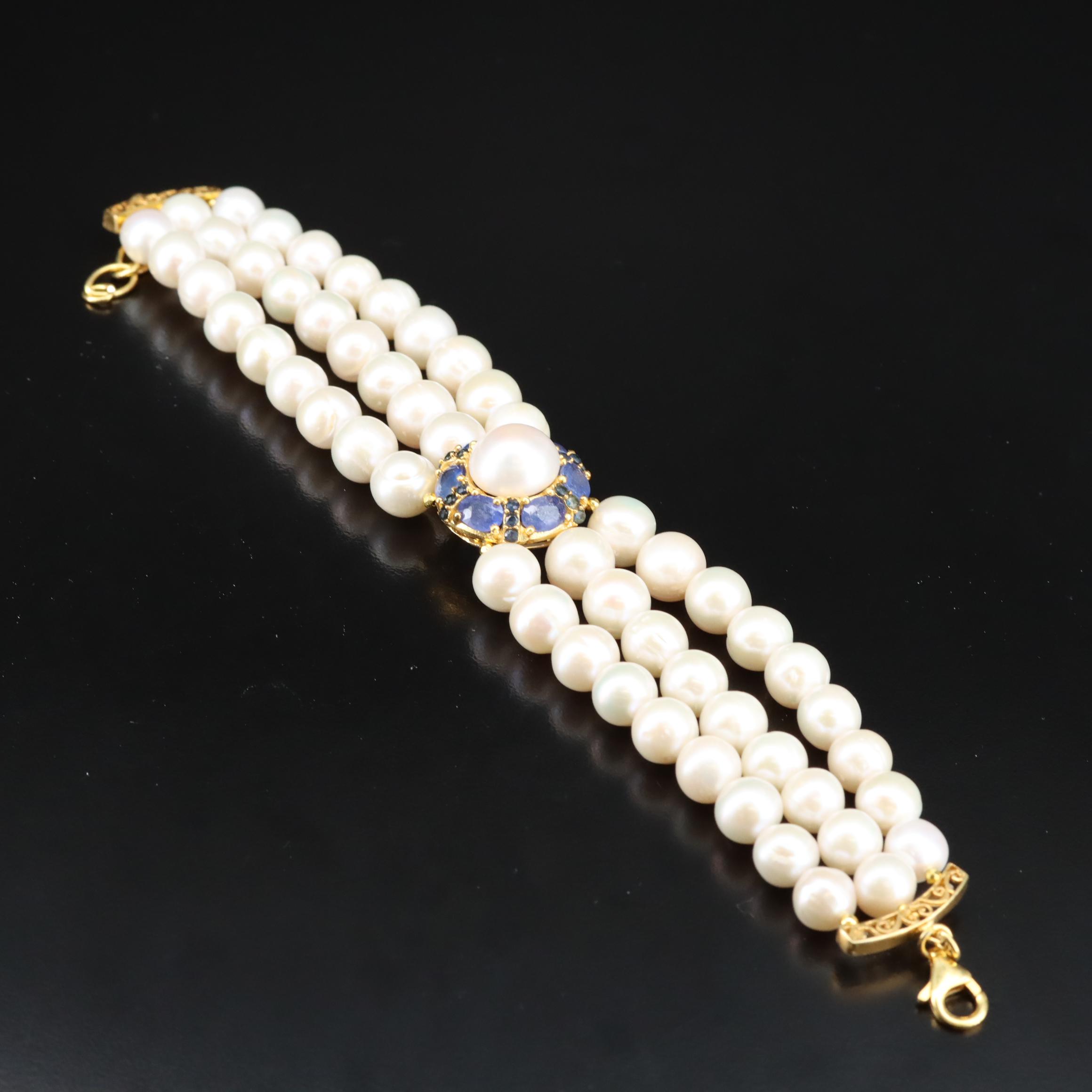 Sterling Pearl, Filled Corundum and Sapphire Bracelet