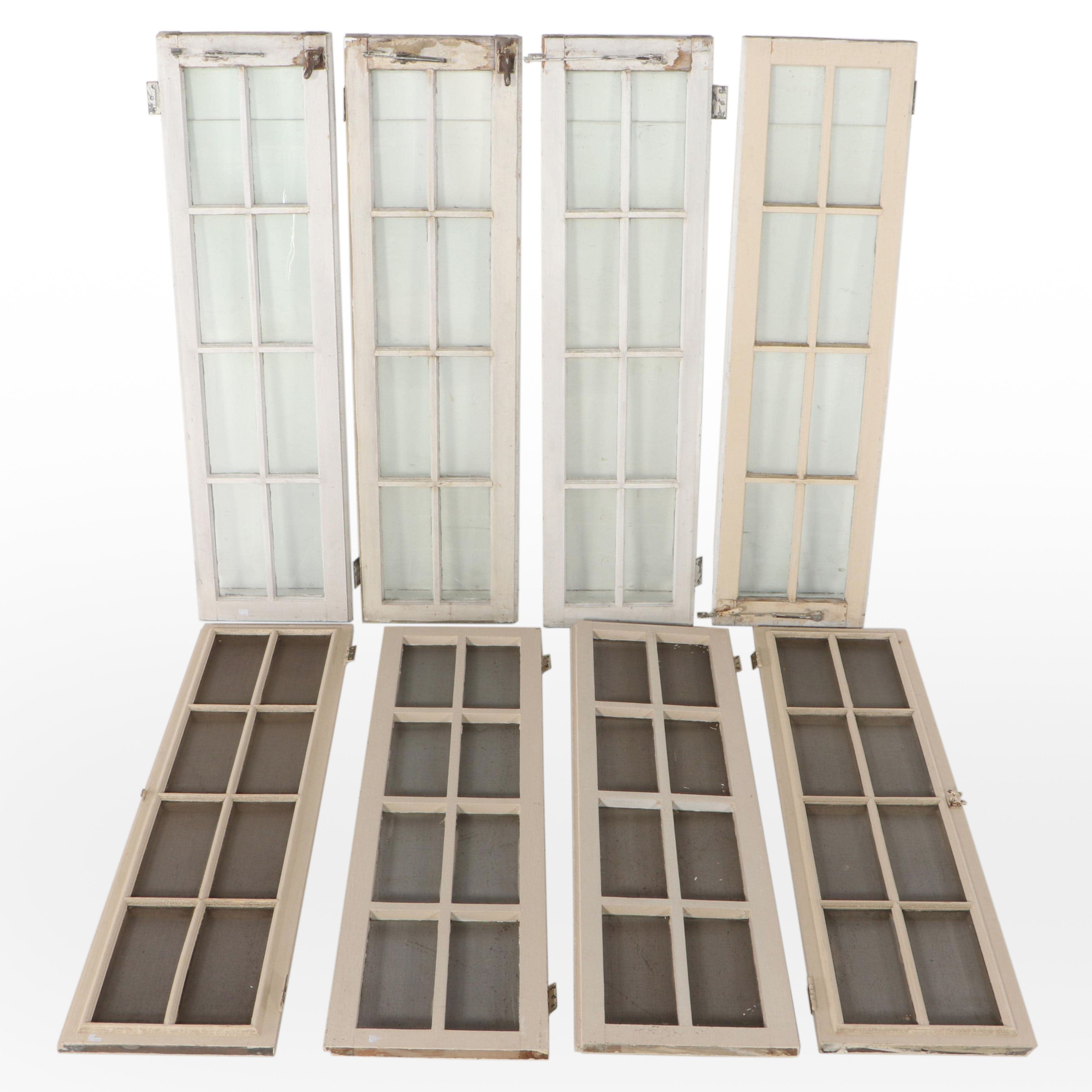 Eight Wood Framed Eight-Pane Glass Windows, 20th Century