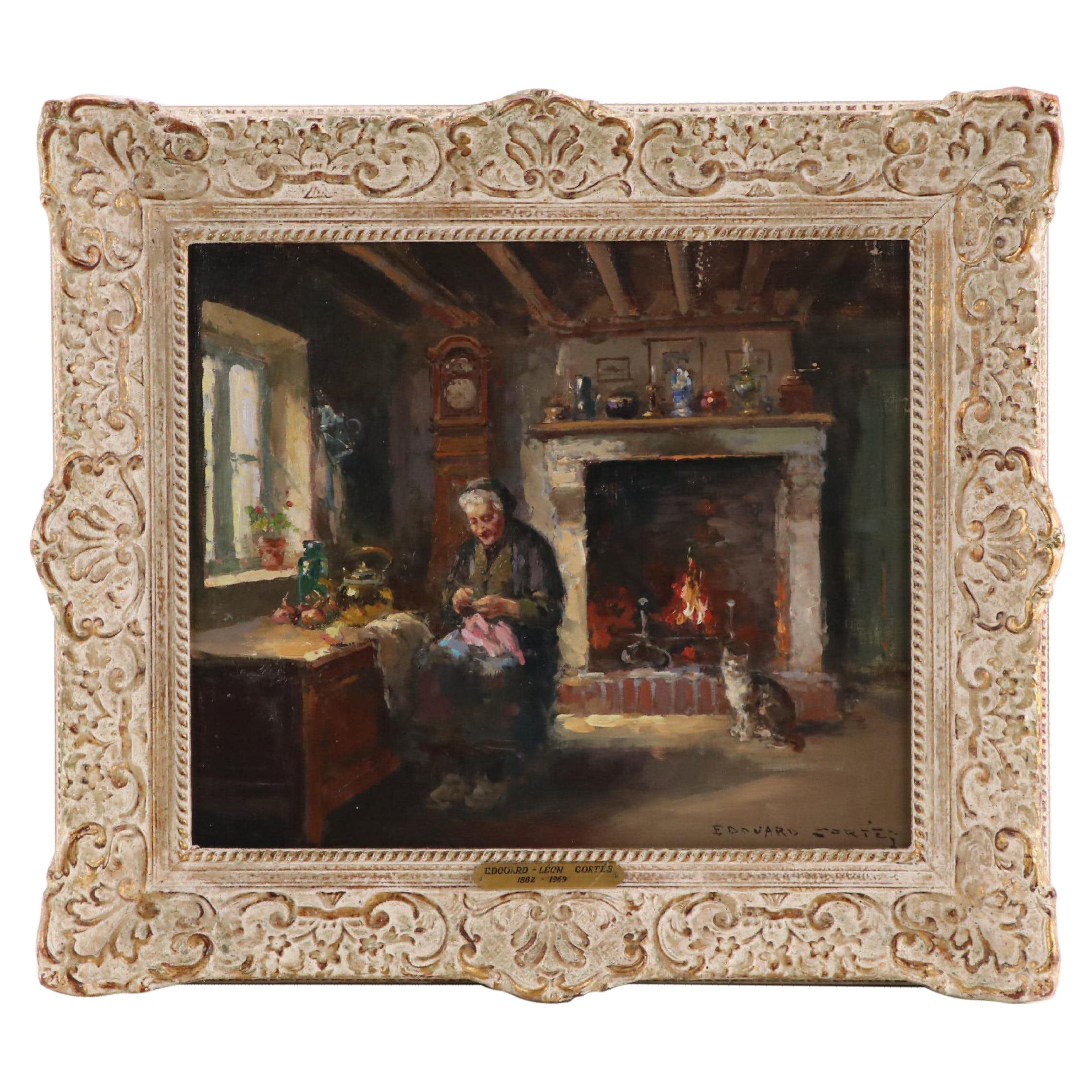 Edouard-Léon Cortès Genre Oil Painting of Woman Knitting