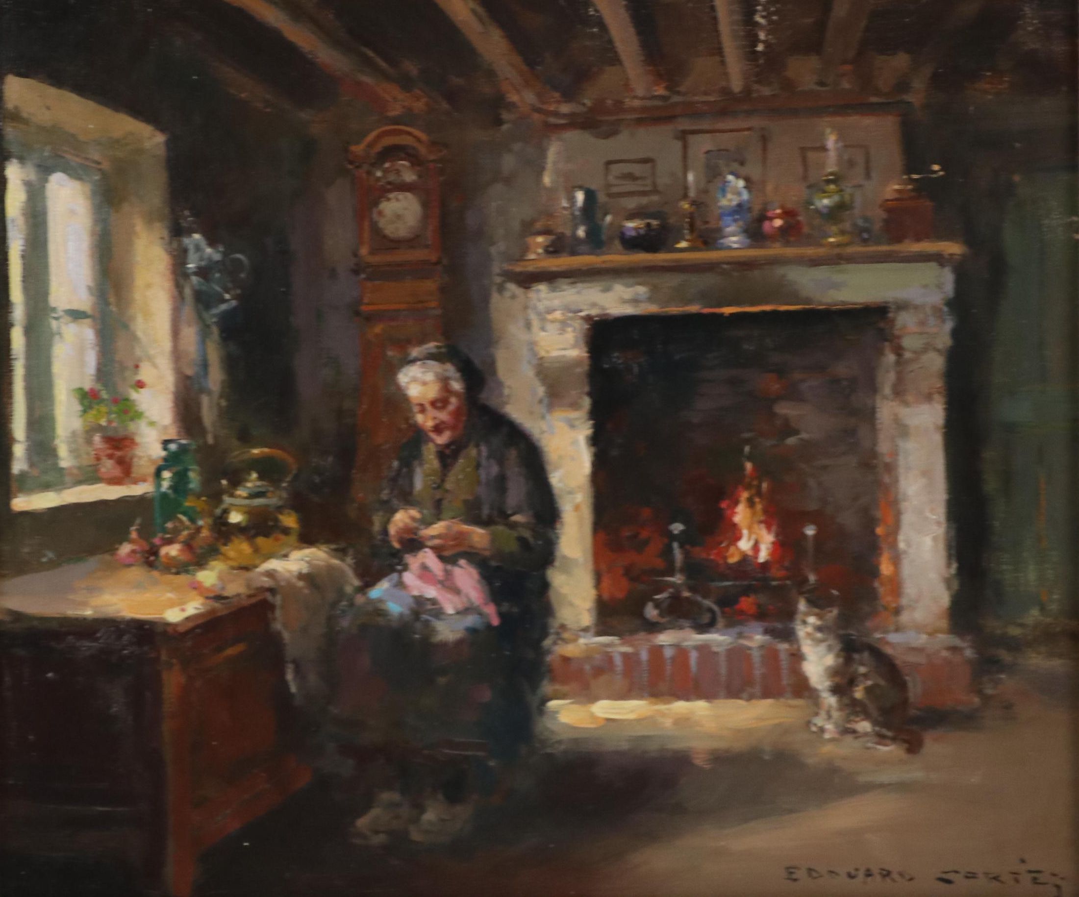 Edouard-Léon Cortès Genre Oil Painting of Woman Knitting