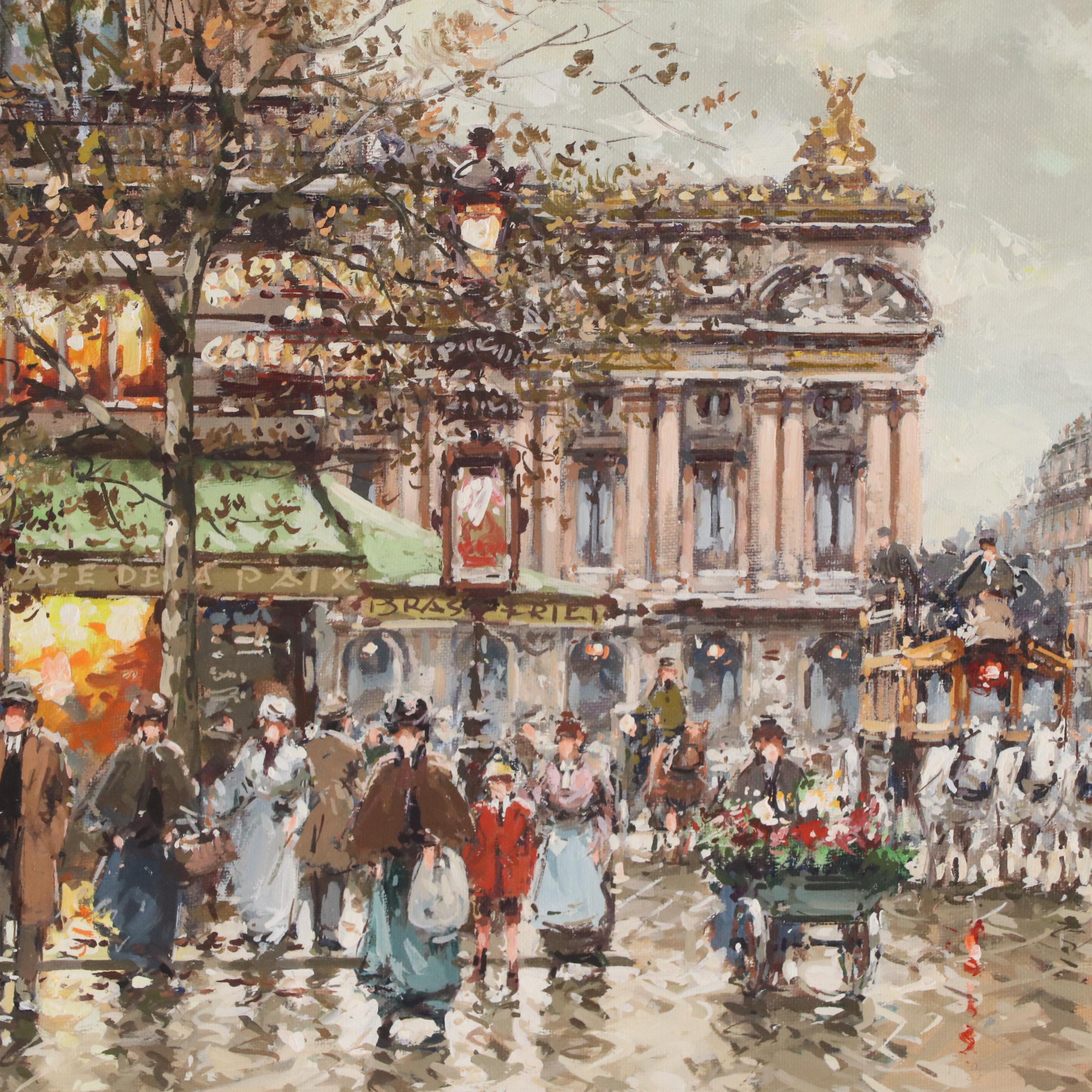 Antoine Blanchard Parisian Cityscape Oil Painting "Le Cafe de la Paix"