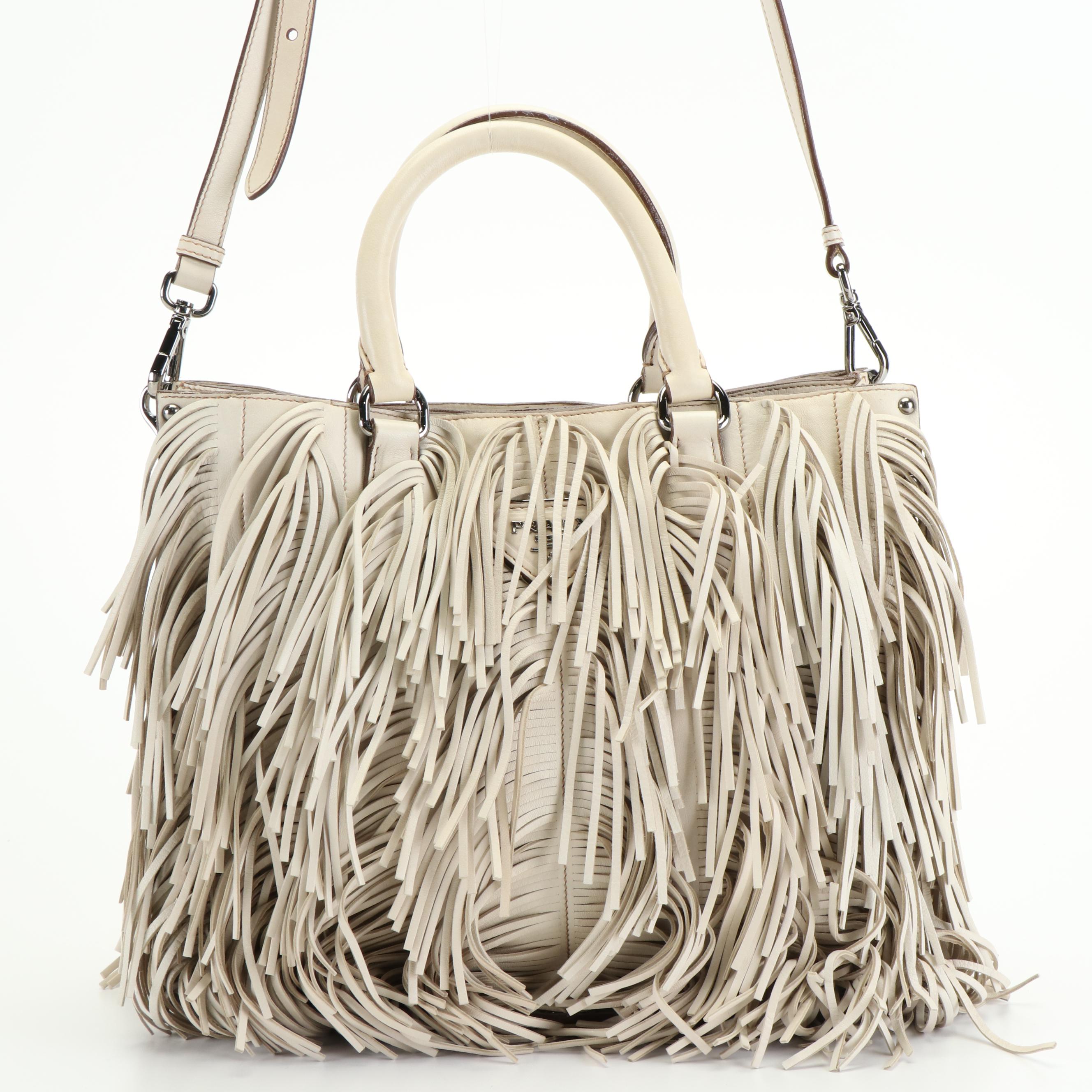 Prada Corsaire Fringe Tote Bag in Beige Lambskin Leather