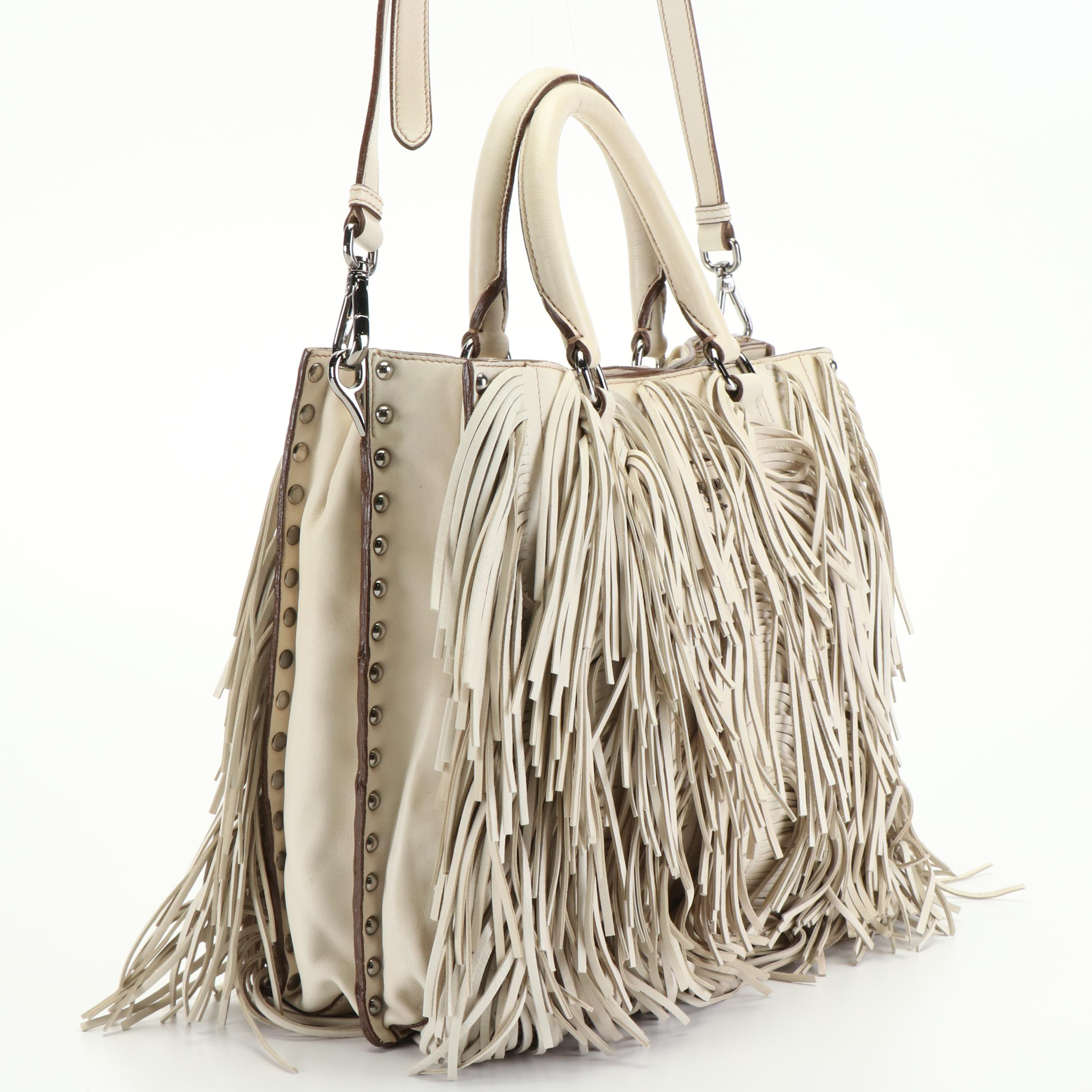 Prada Corsaire Fringe Tote Bag in Beige Lambskin Leather