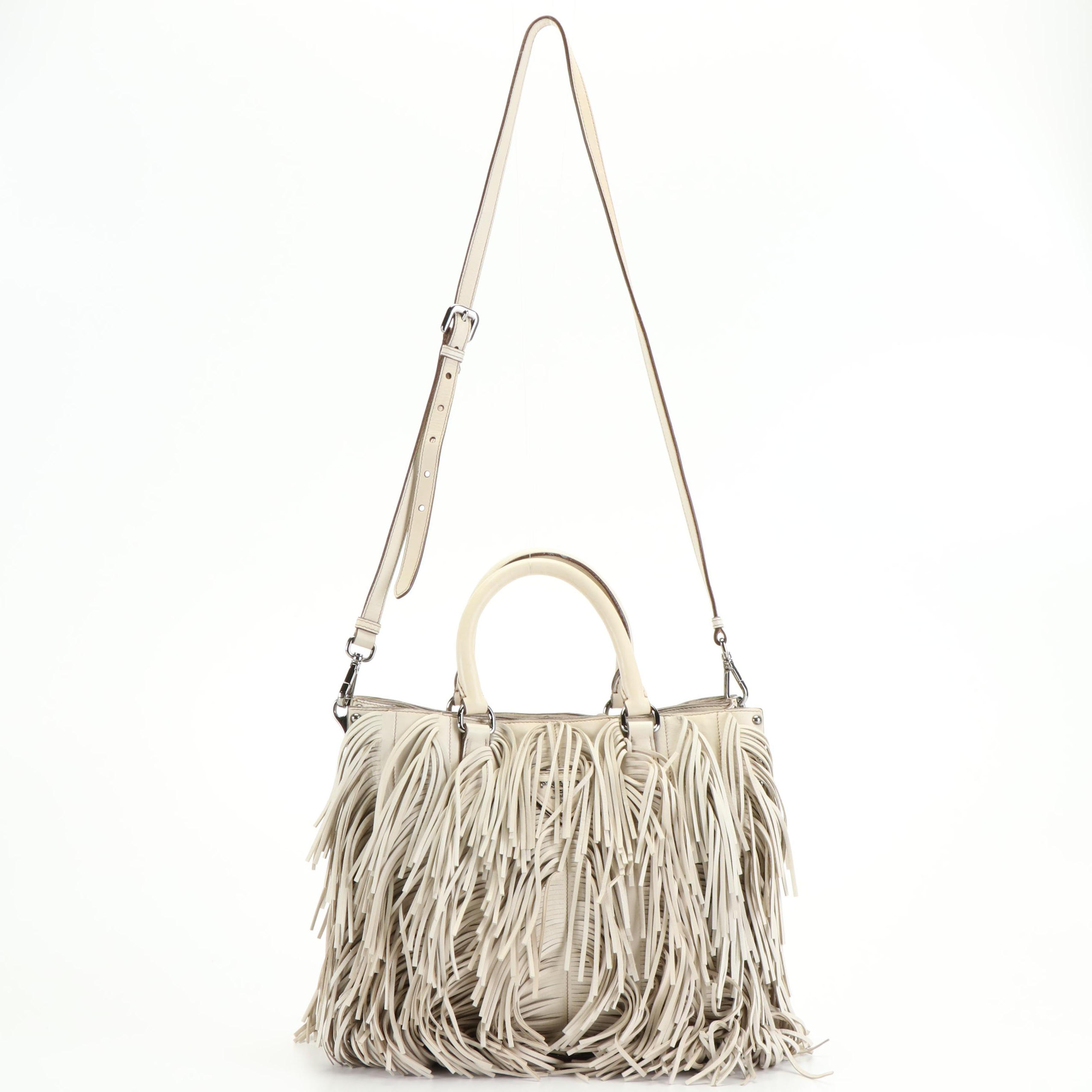 Prada Corsaire Fringe Tote Bag in Beige Lambskin Leather