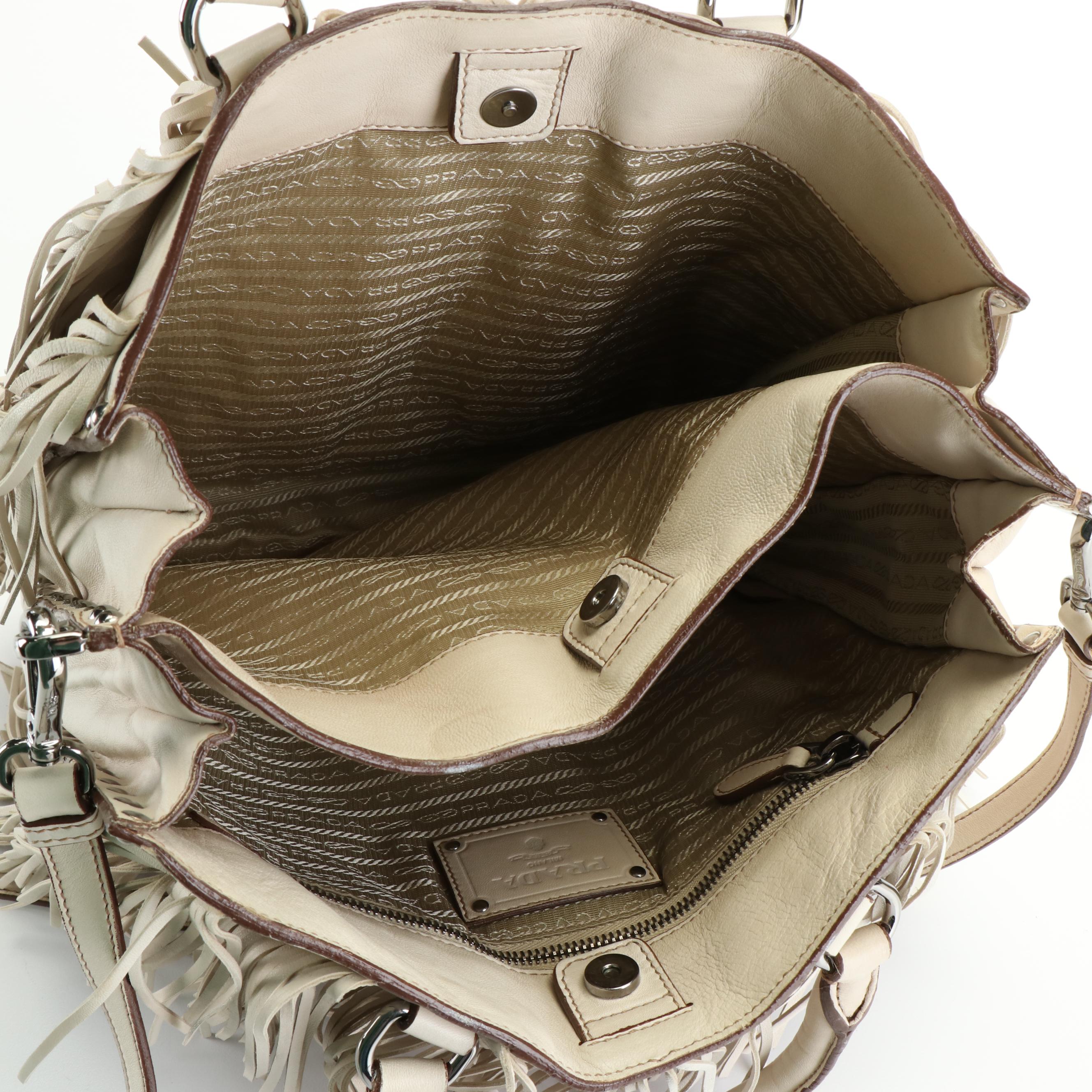 Prada Corsaire Fringe Tote Bag in Beige Lambskin Leather