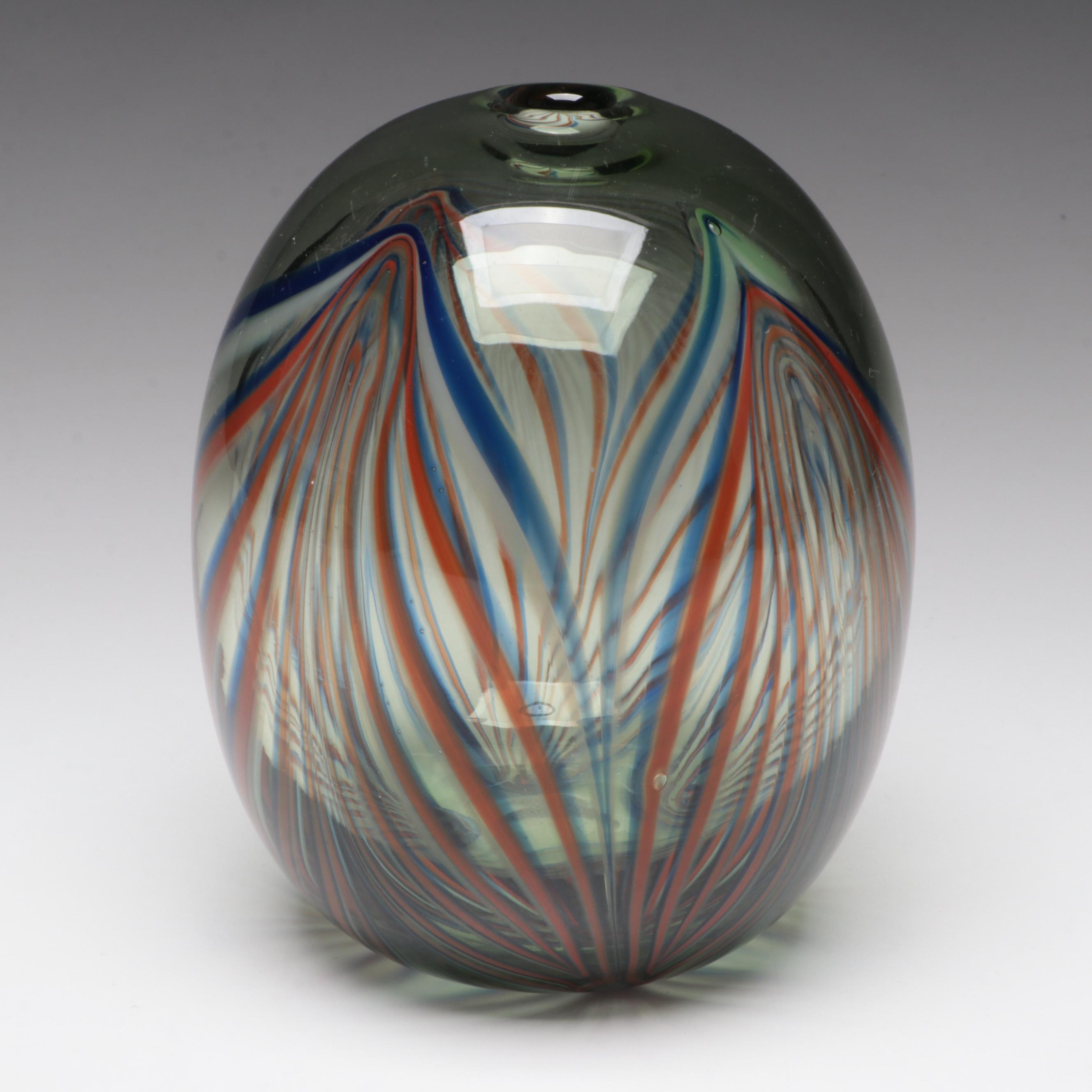 Dominick Labino Handblown Pulled Feather Studio Art Glass Vase, 1969