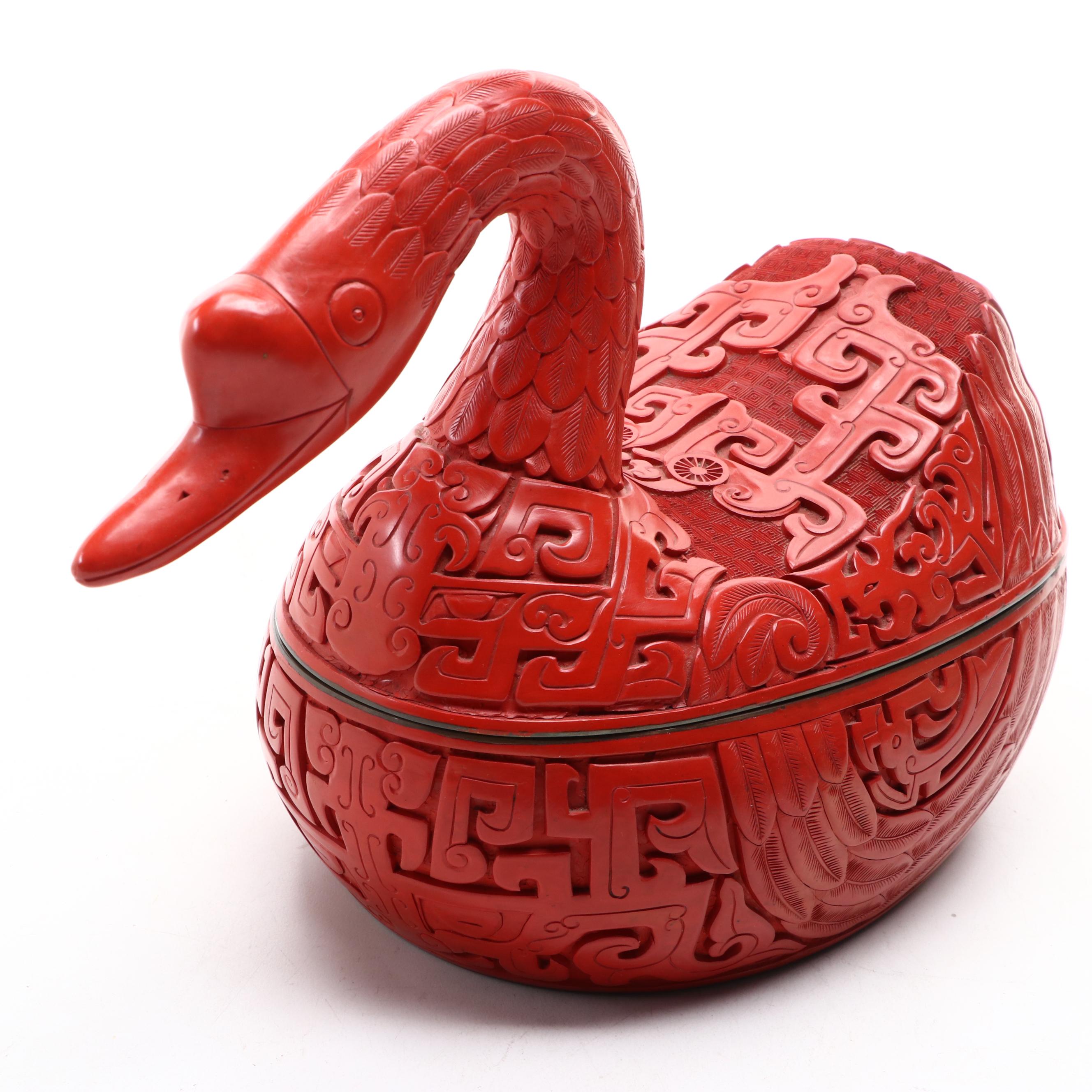 Faux Cinnabar Lacquerware Figural Chinese Goose Box