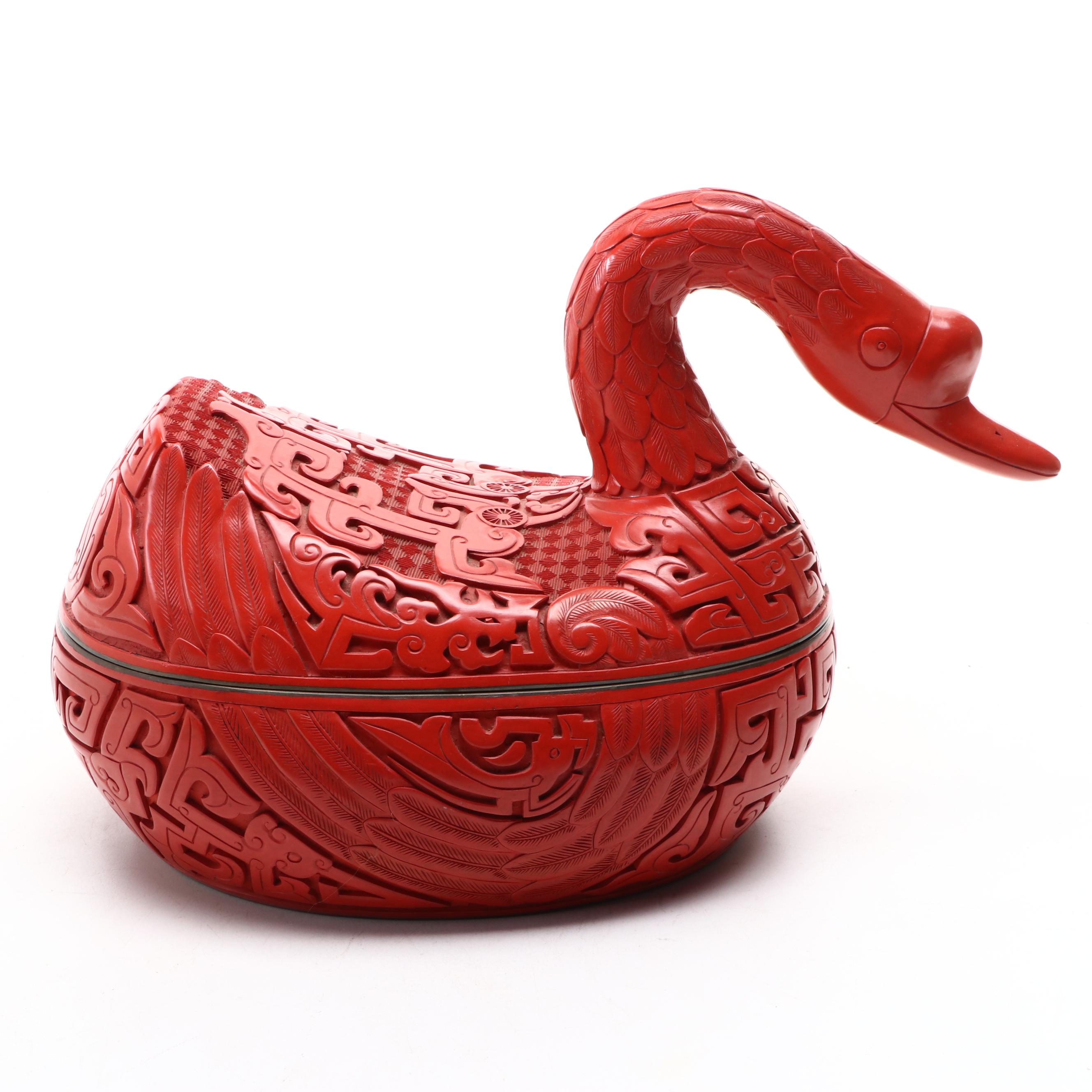 Faux Cinnabar Lacquerware Figural Chinese Goose Box