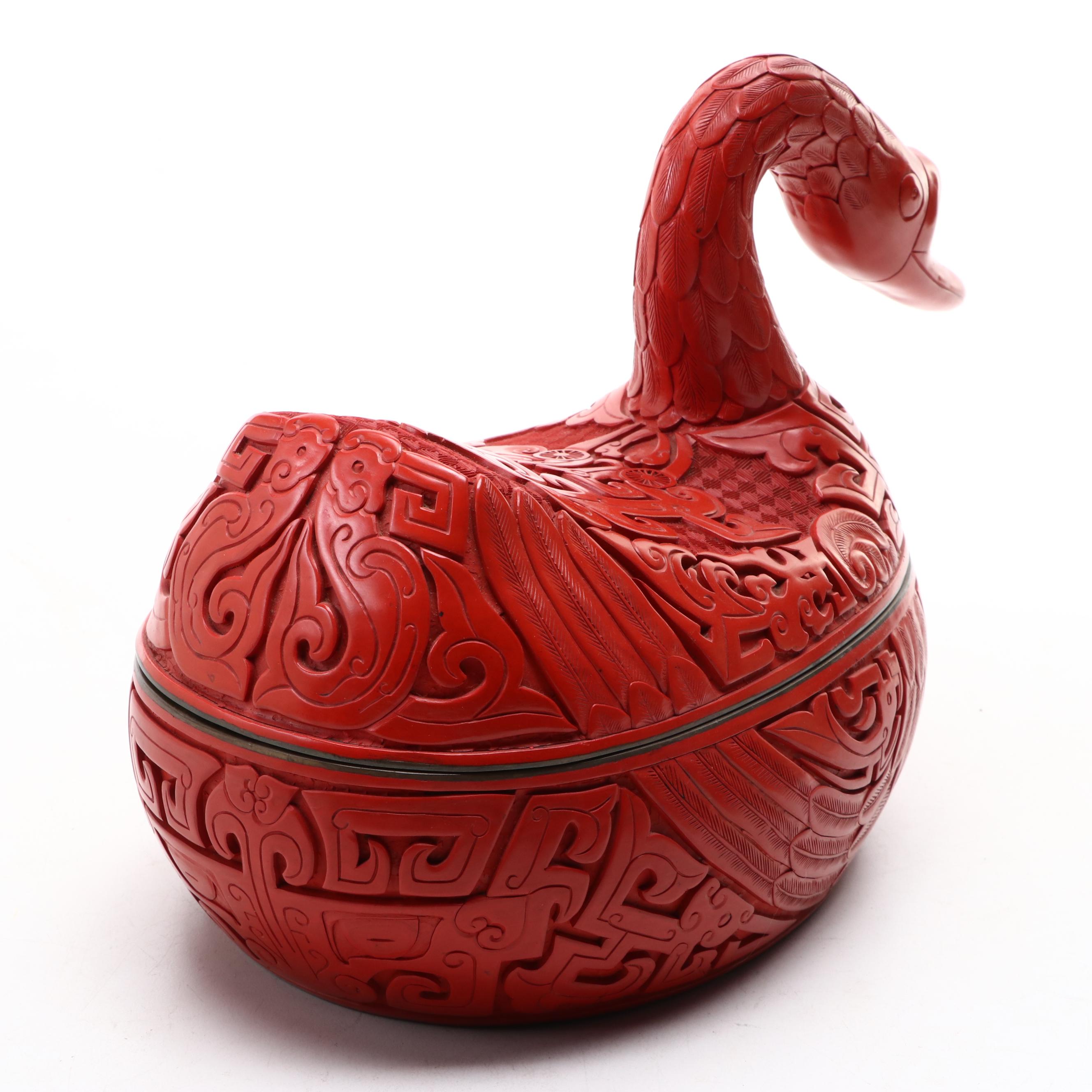 Faux Cinnabar Lacquerware Figural Chinese Goose Box