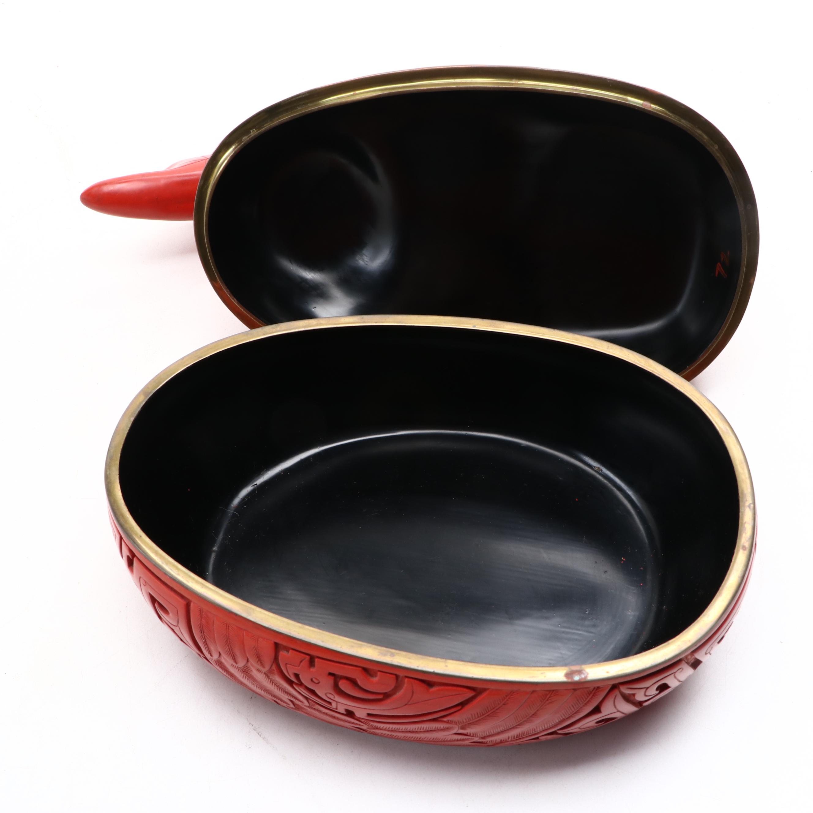 Faux Cinnabar Lacquerware Figural Chinese Goose Box