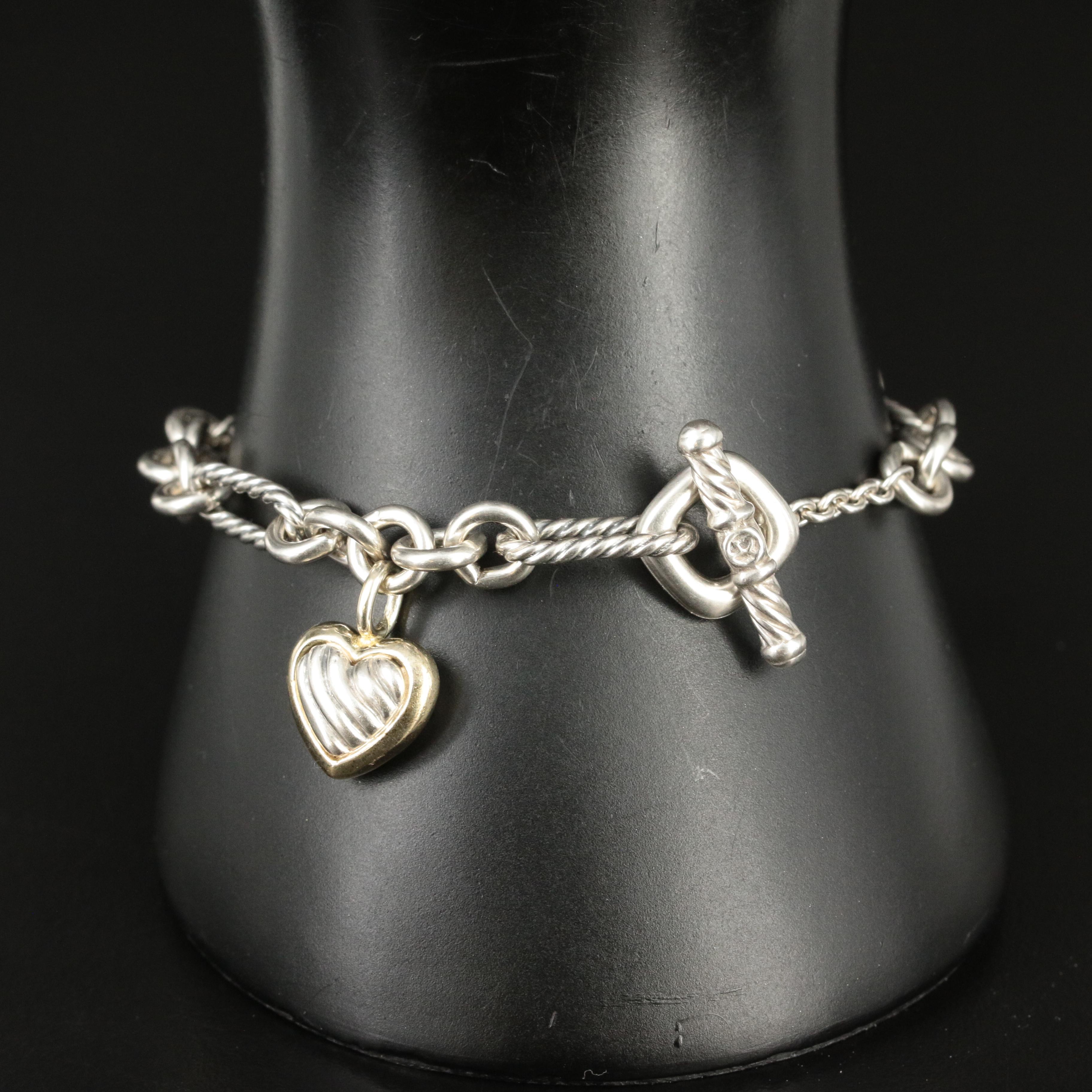 David Yurman Sterling and 18K Figaro Heart Charm Bracelet