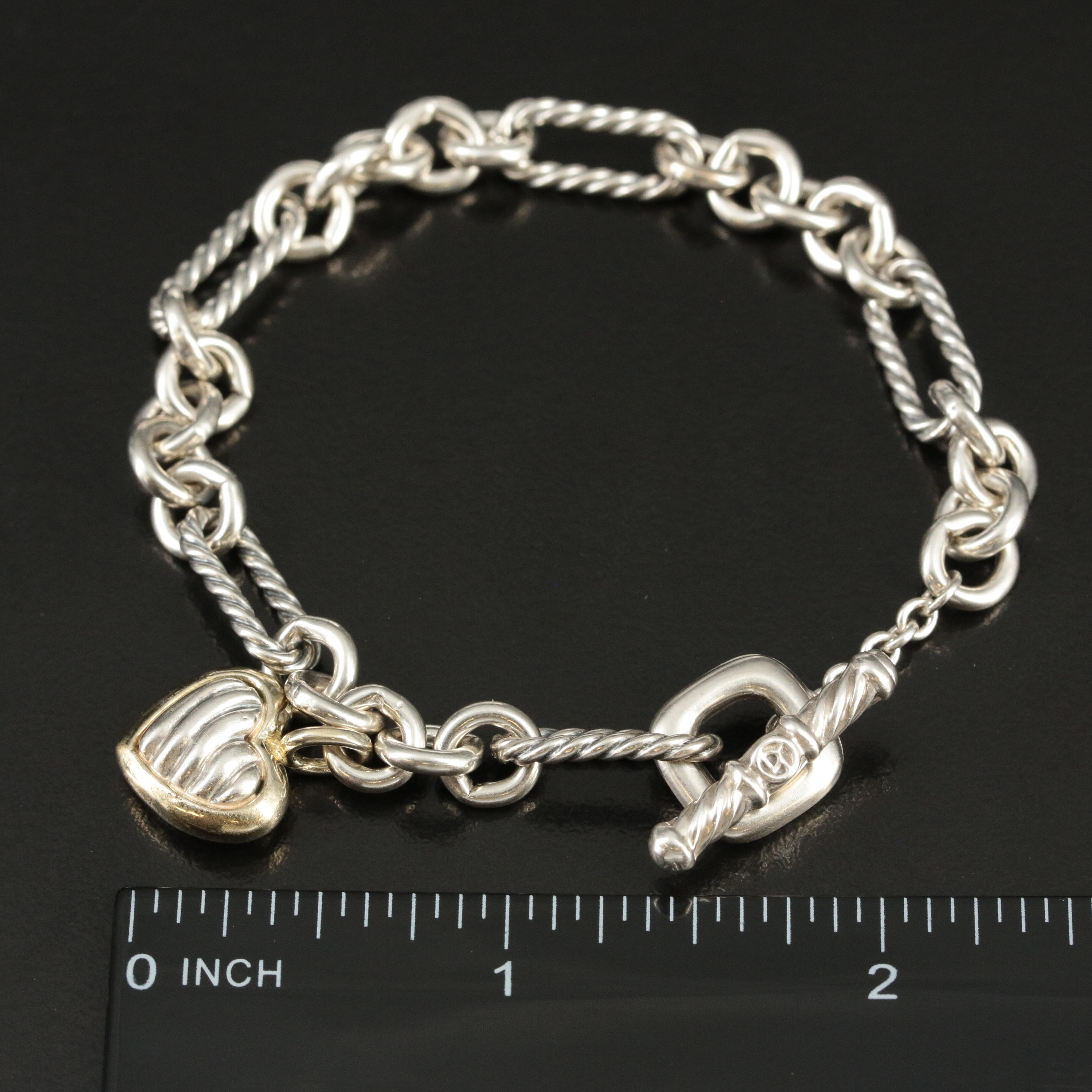 David Yurman Sterling and 18K Figaro Heart Charm Bracelet