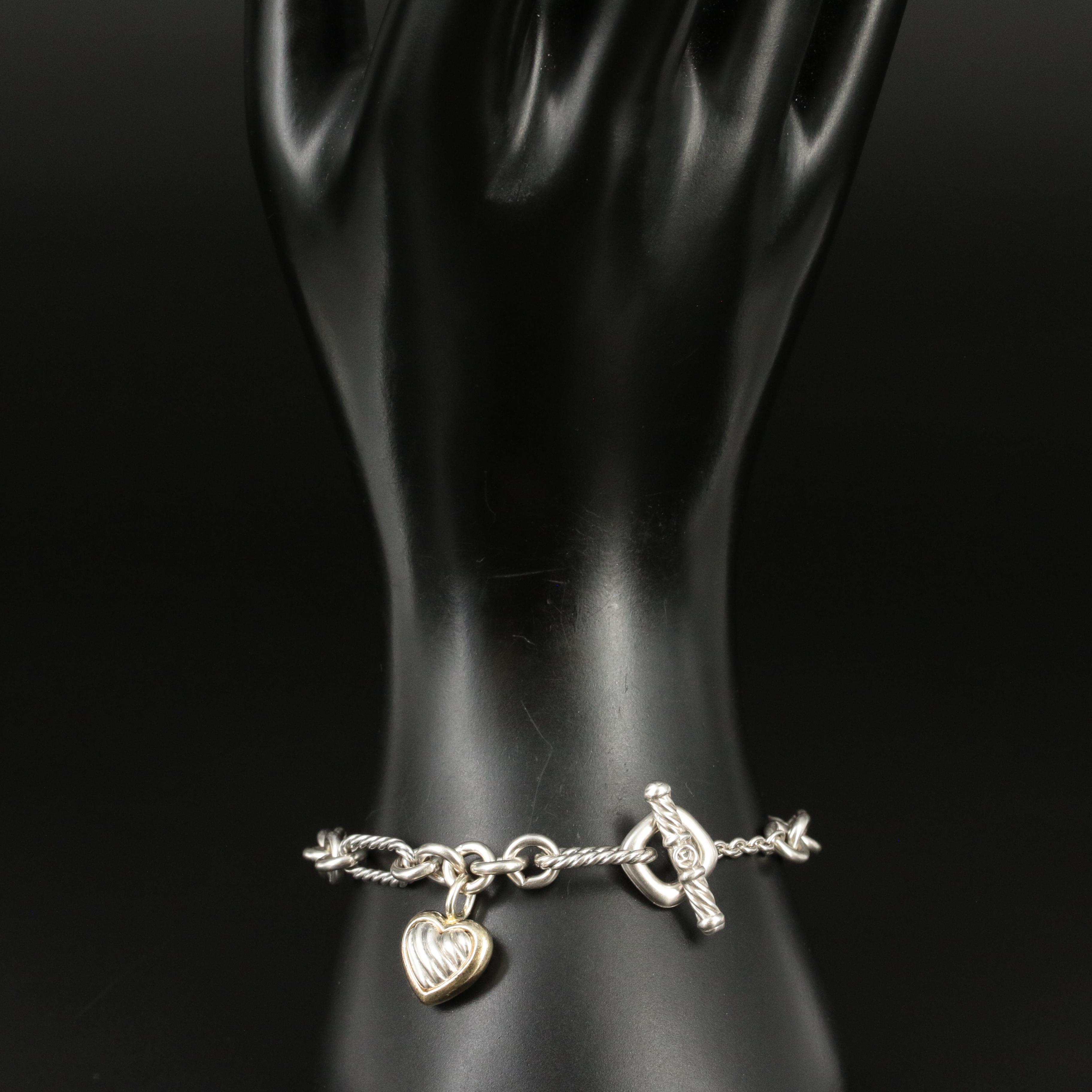 David Yurman Sterling and 18K Figaro Heart Charm Bracelet