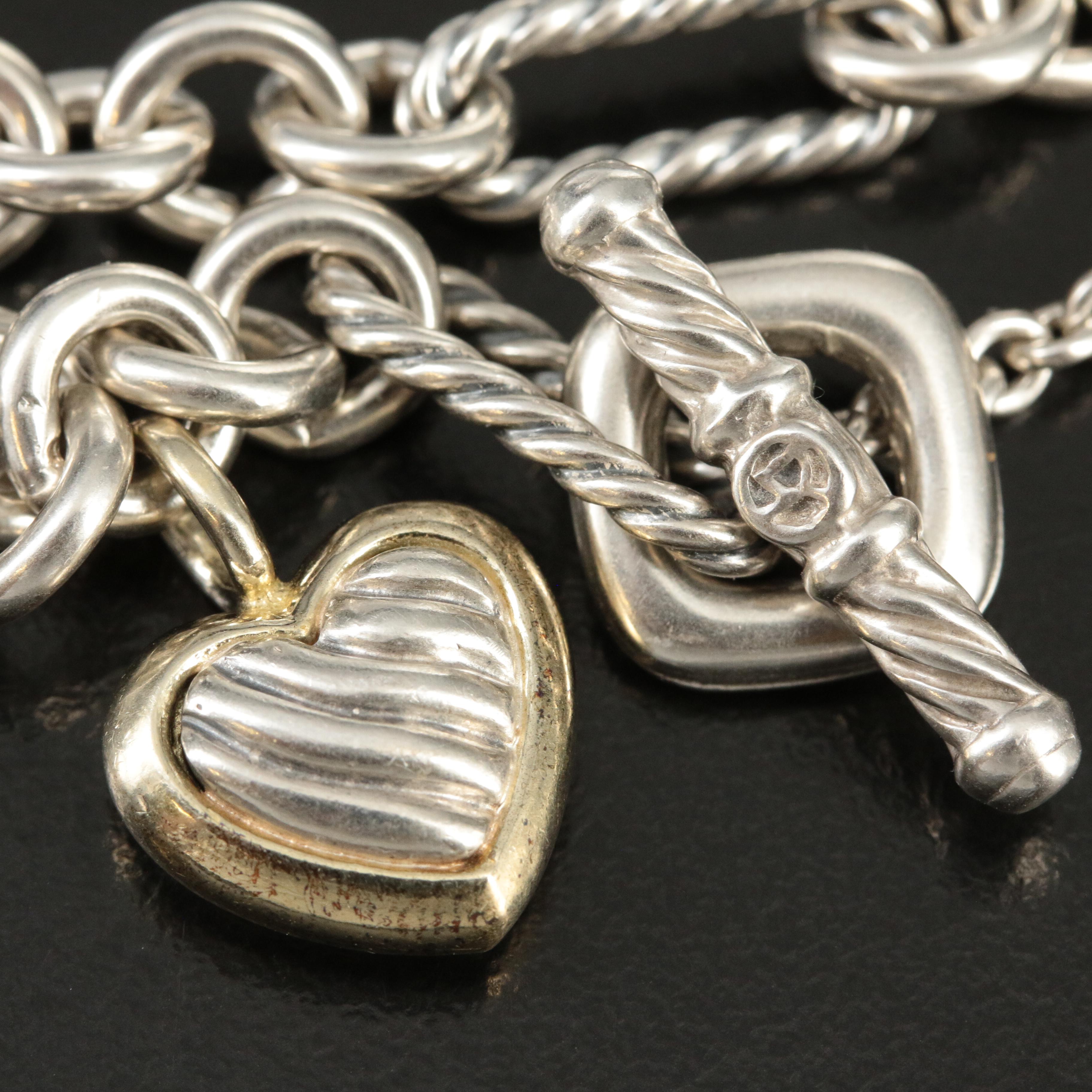 David Yurman Sterling and 18K Figaro Heart Charm Bracelet