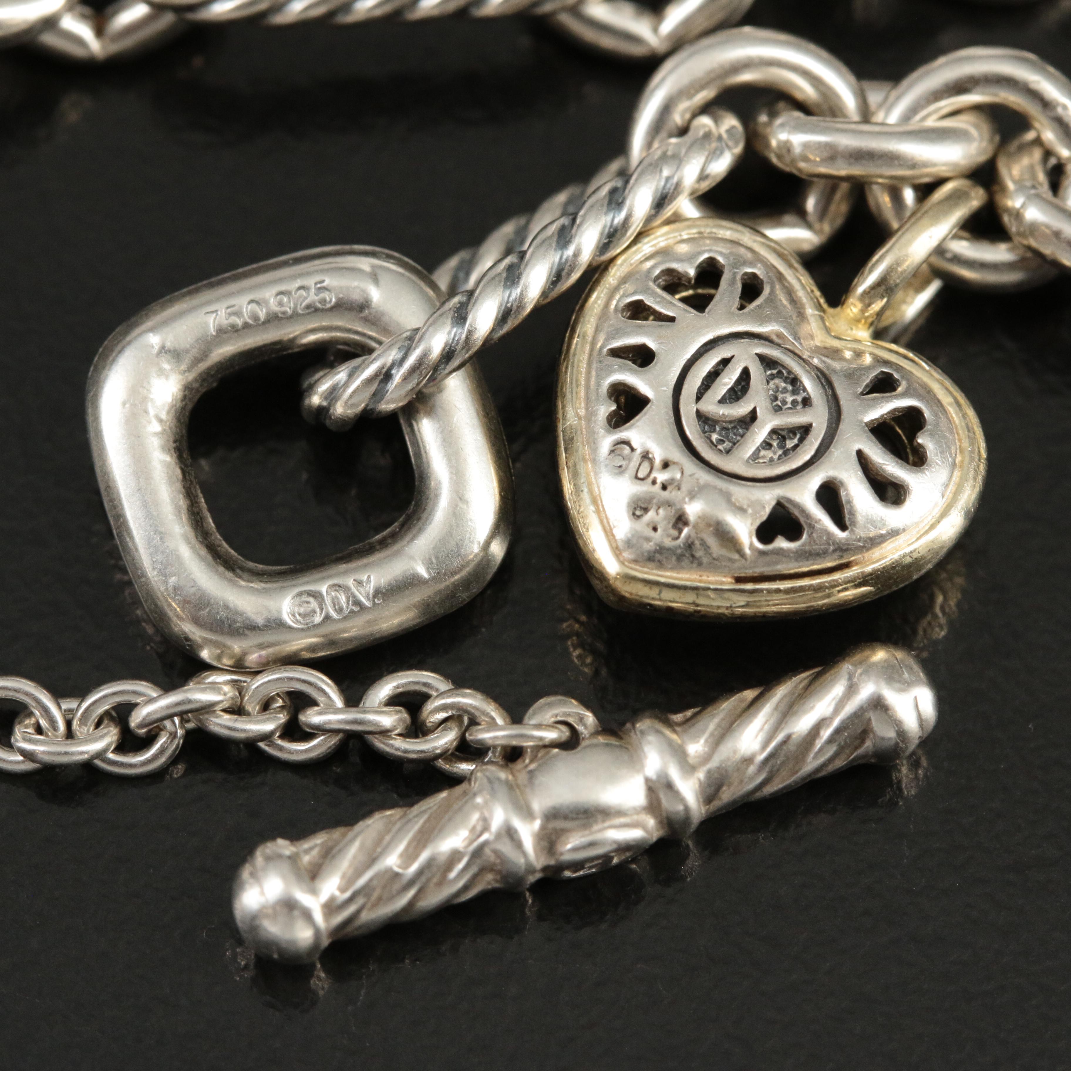 David Yurman Sterling and 18K Figaro Heart Charm Bracelet