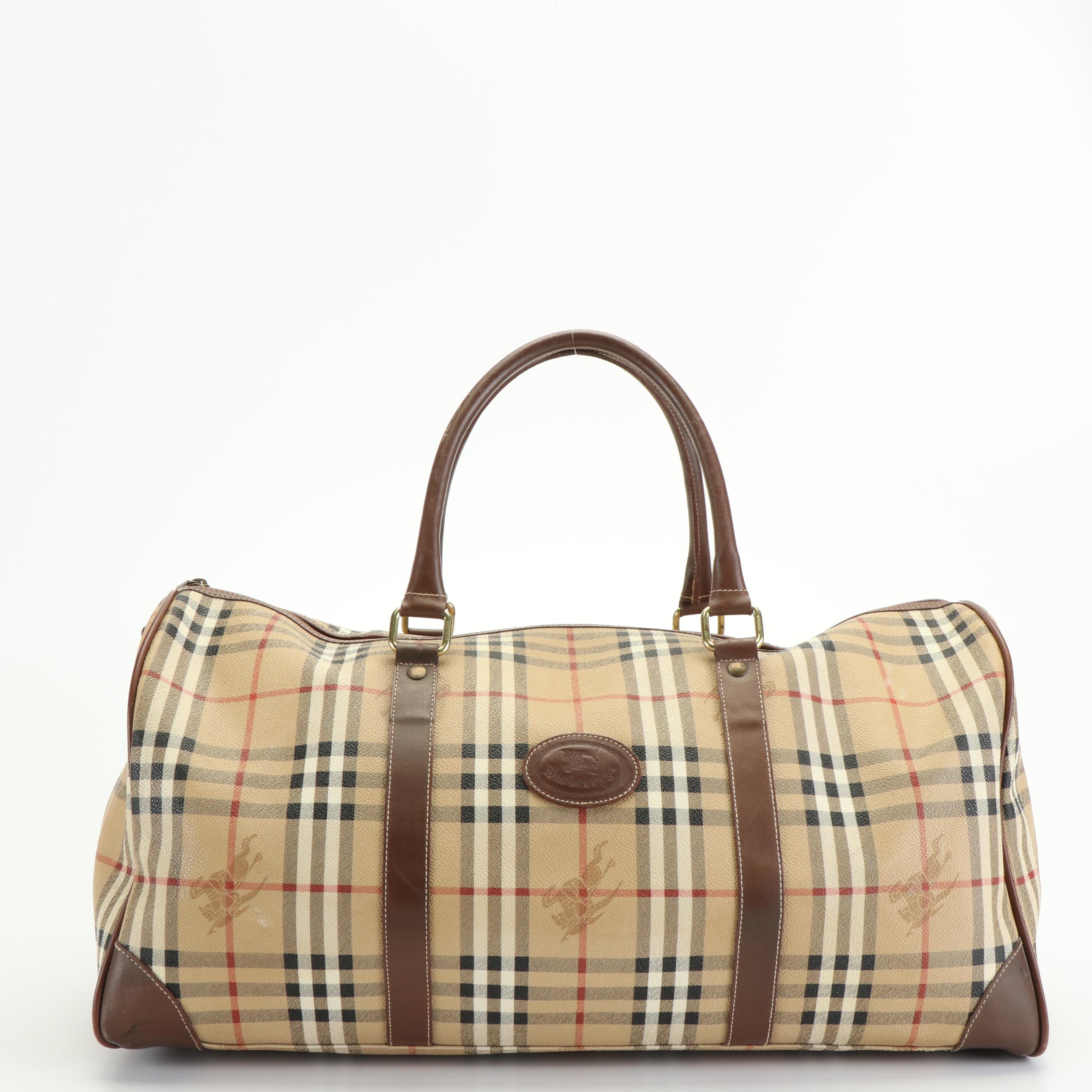 Burberry Boston Bag in Haymarket Check Coated Canvas and Brown Leather Trim